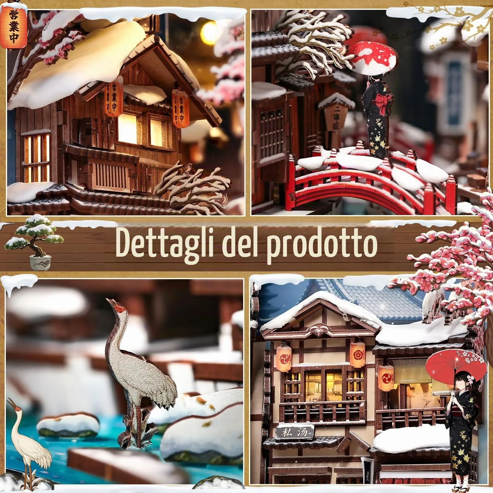 CUTEBEE Book Nook Kit Kyoto Snow Whisper - Puzzle 3D in legno con LED per adulti - immagine 4