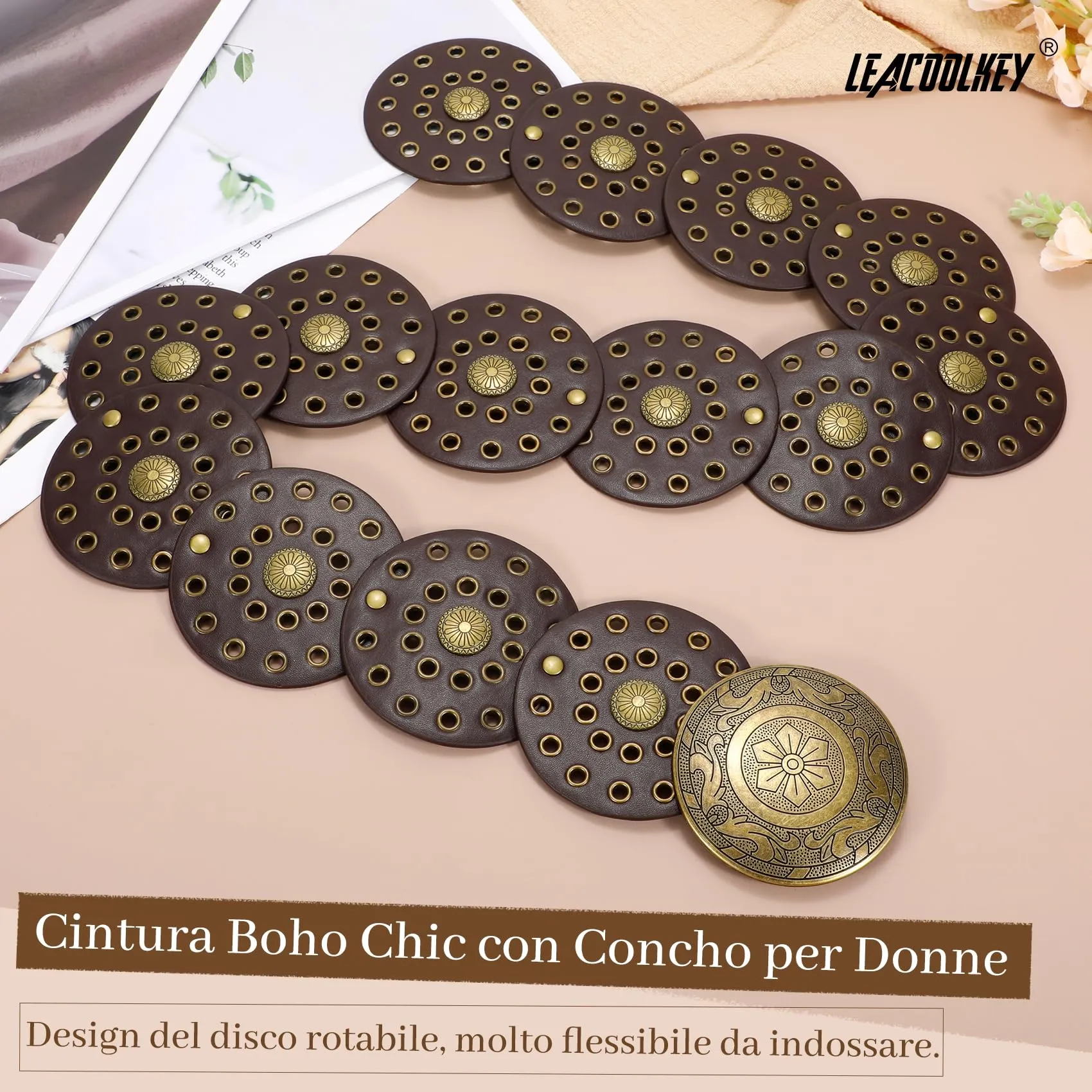 LEACOOLKEY Cintura Donna Boho Disco Larga Western in Pelle Concho per Vestiti e Jeans - immagine 2