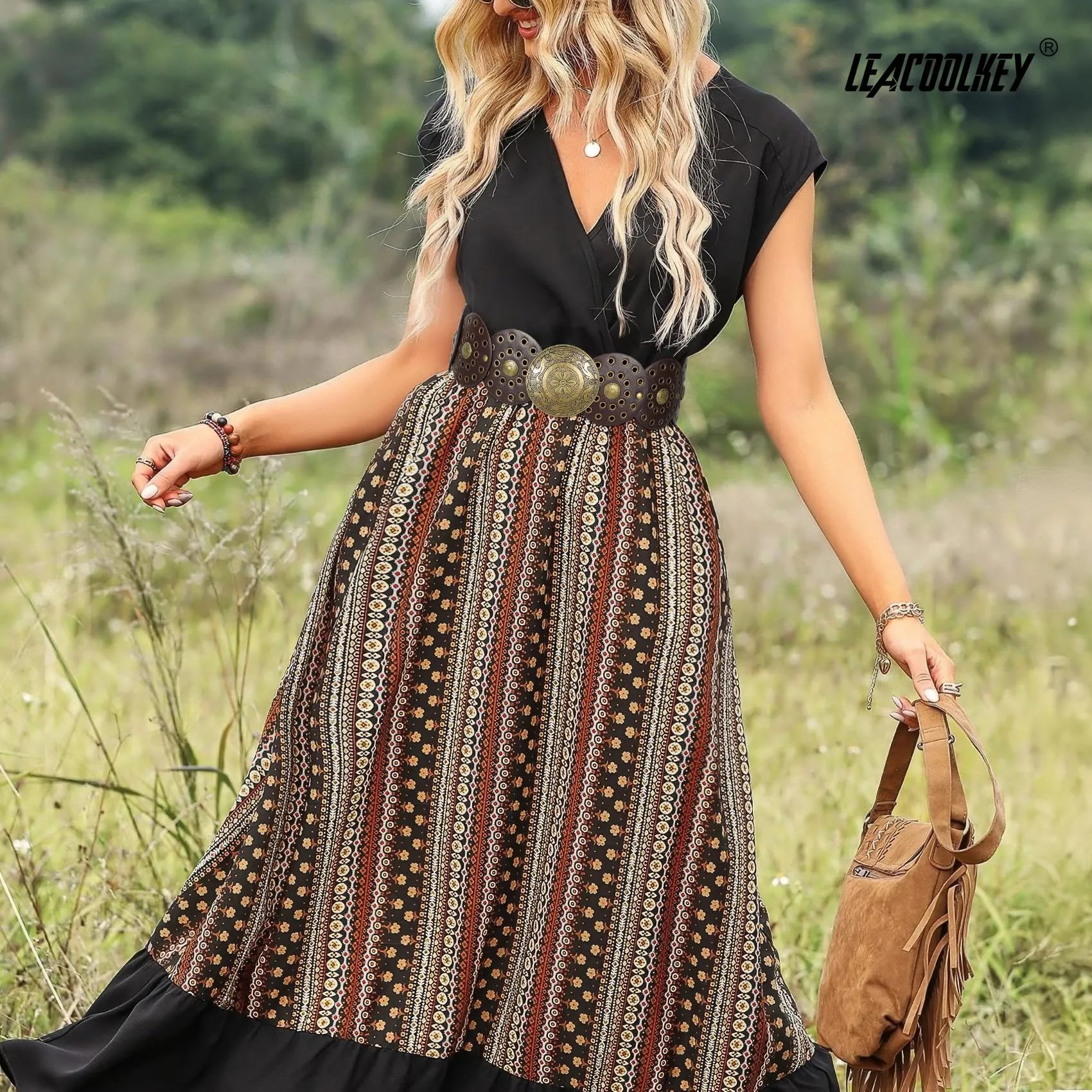 LEACOOLKEY Cintura Donna Boho Disco Larga Western in Pelle Concho per Vestiti e Jeans - immagine 5