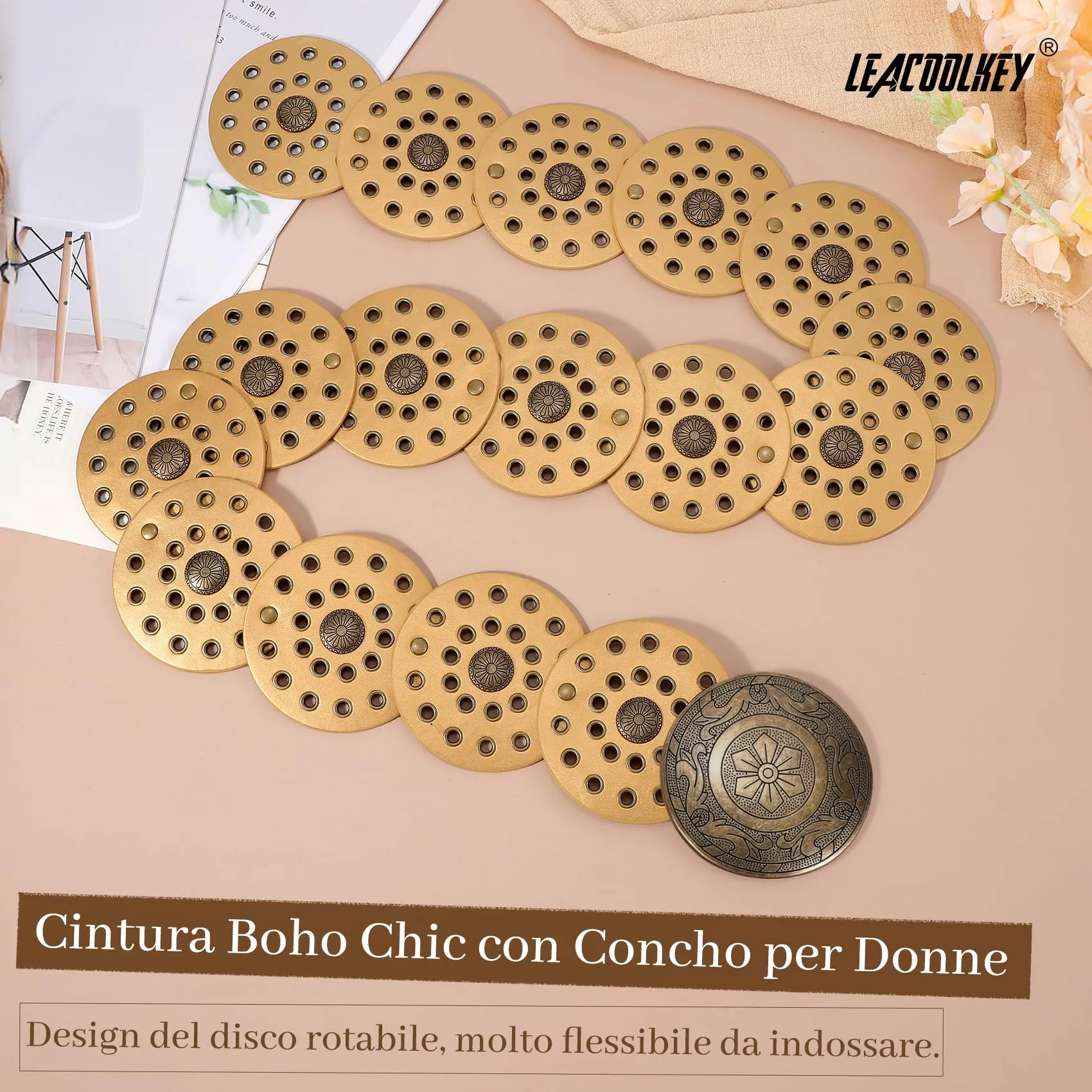 LEACOOLKEY Cintura Donna Boho Disco Larga Western in Pelle Concho per Vestiti e Jeans - immagine 2