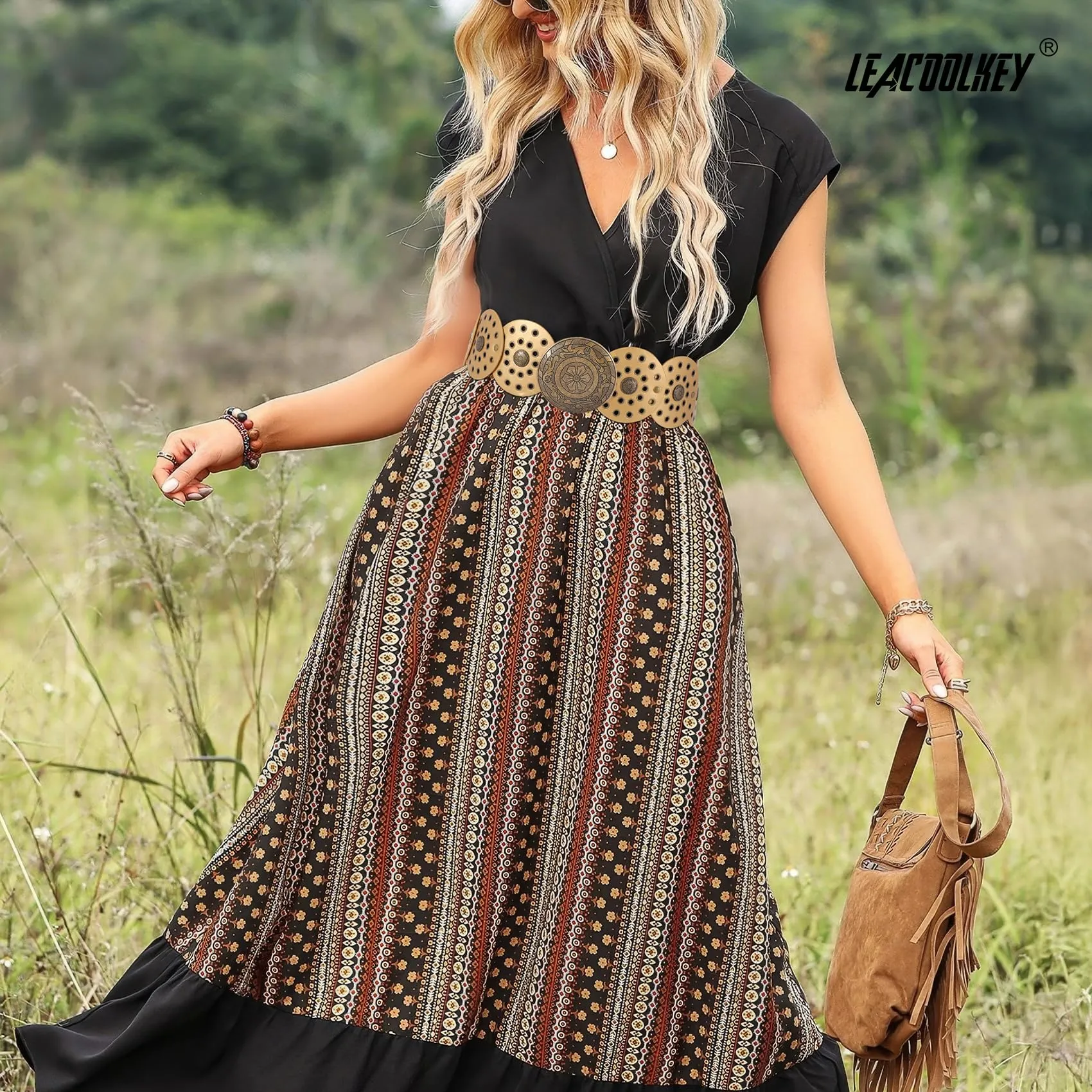 LEACOOLKEY Cintura Donna Boho Disco Larga Western in Pelle Concho per Vestiti e Jeans - immagine 5