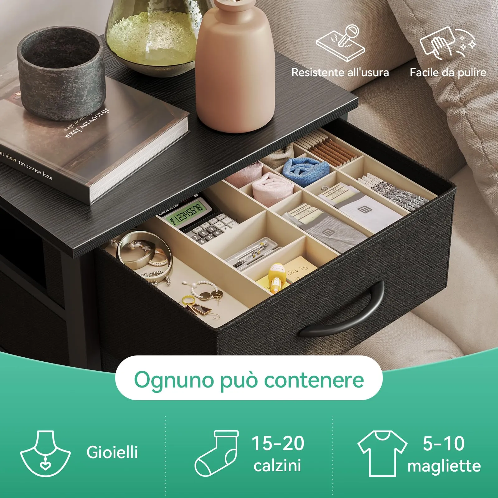 Coleshome Alta Cassettiera Camera da Letto con 5 Cassetti in Tessuto, Nero - immagine 3