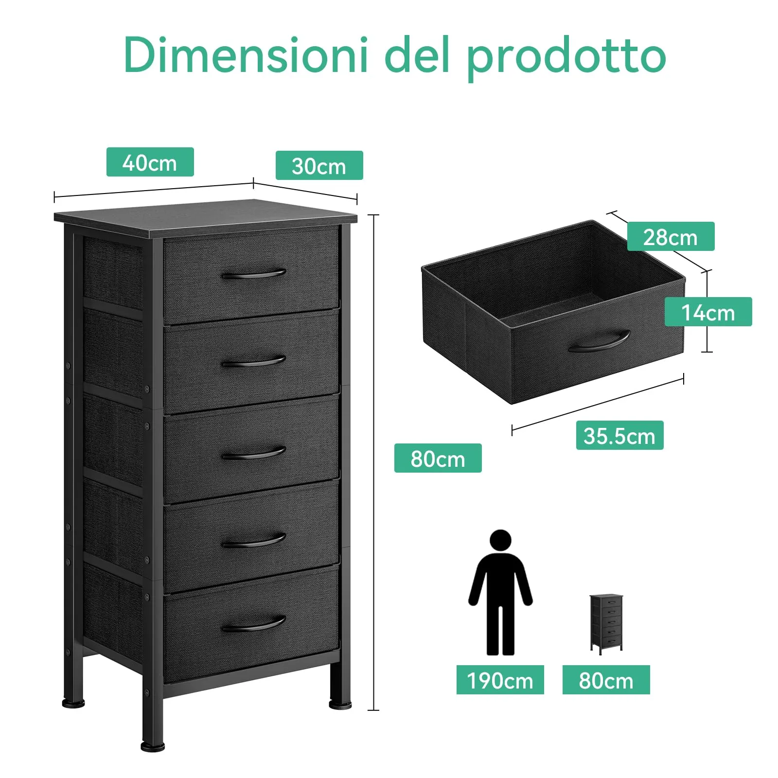 Coleshome Alta Cassettiera Camera da Letto con 5 Cassetti in Tessuto, Nero - immagine 4