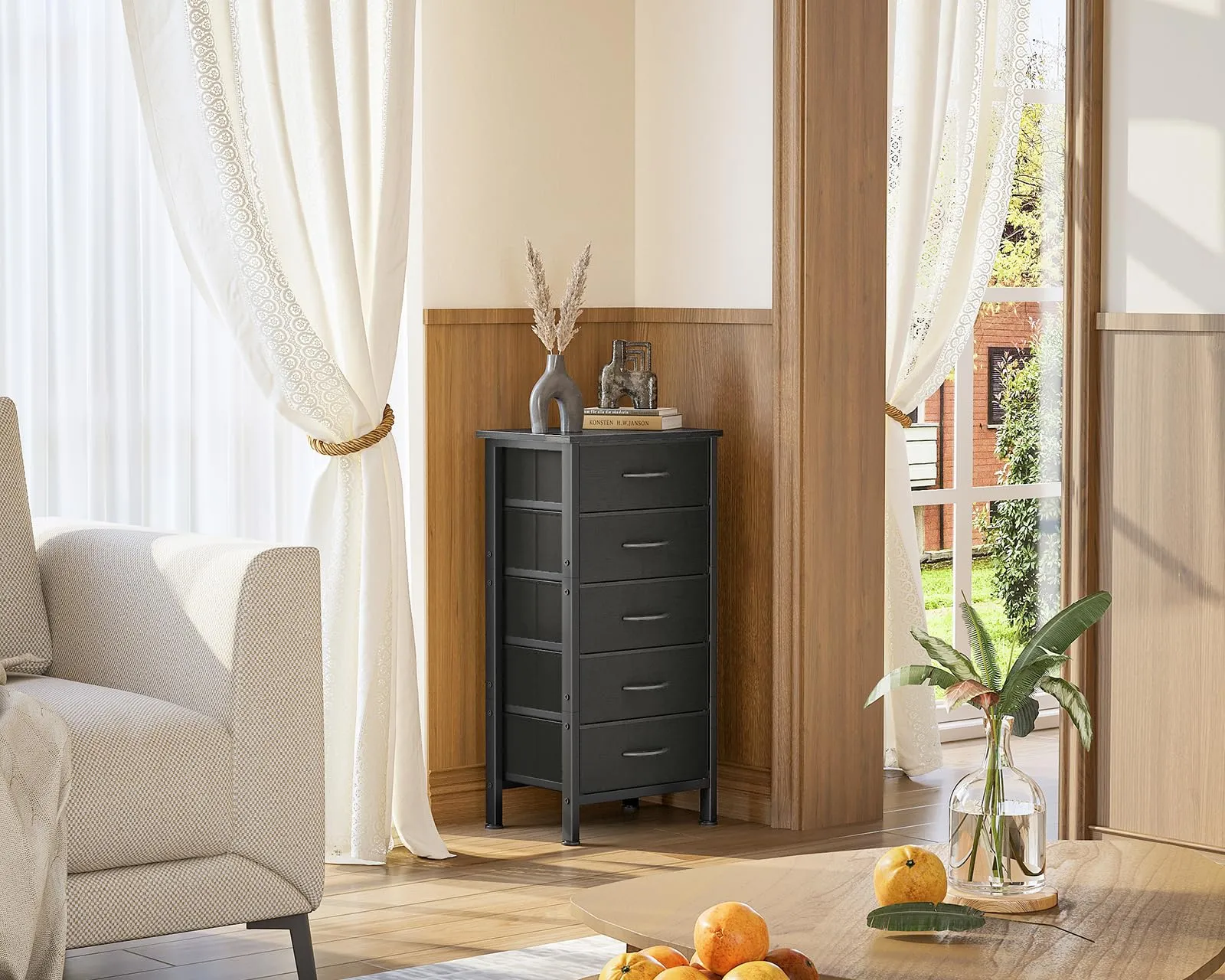 Coleshome Alta Cassettiera Camera da Letto con 5 Cassetti in Tessuto, Nero - immagine 6