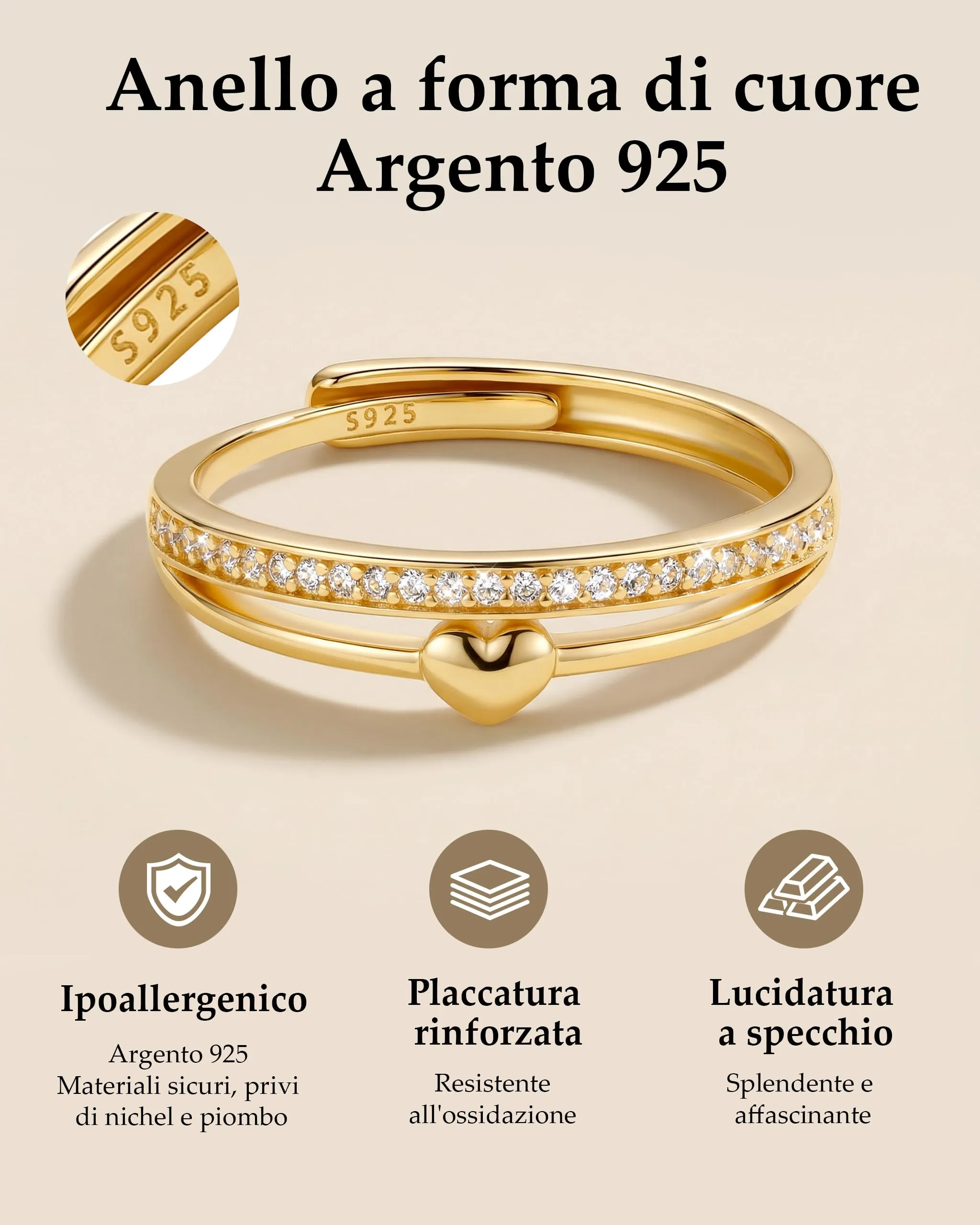 J.Fée Anello Donna in Argento 925 con Zirconi 5A, Regolabile, Colore Oro - immagine 2