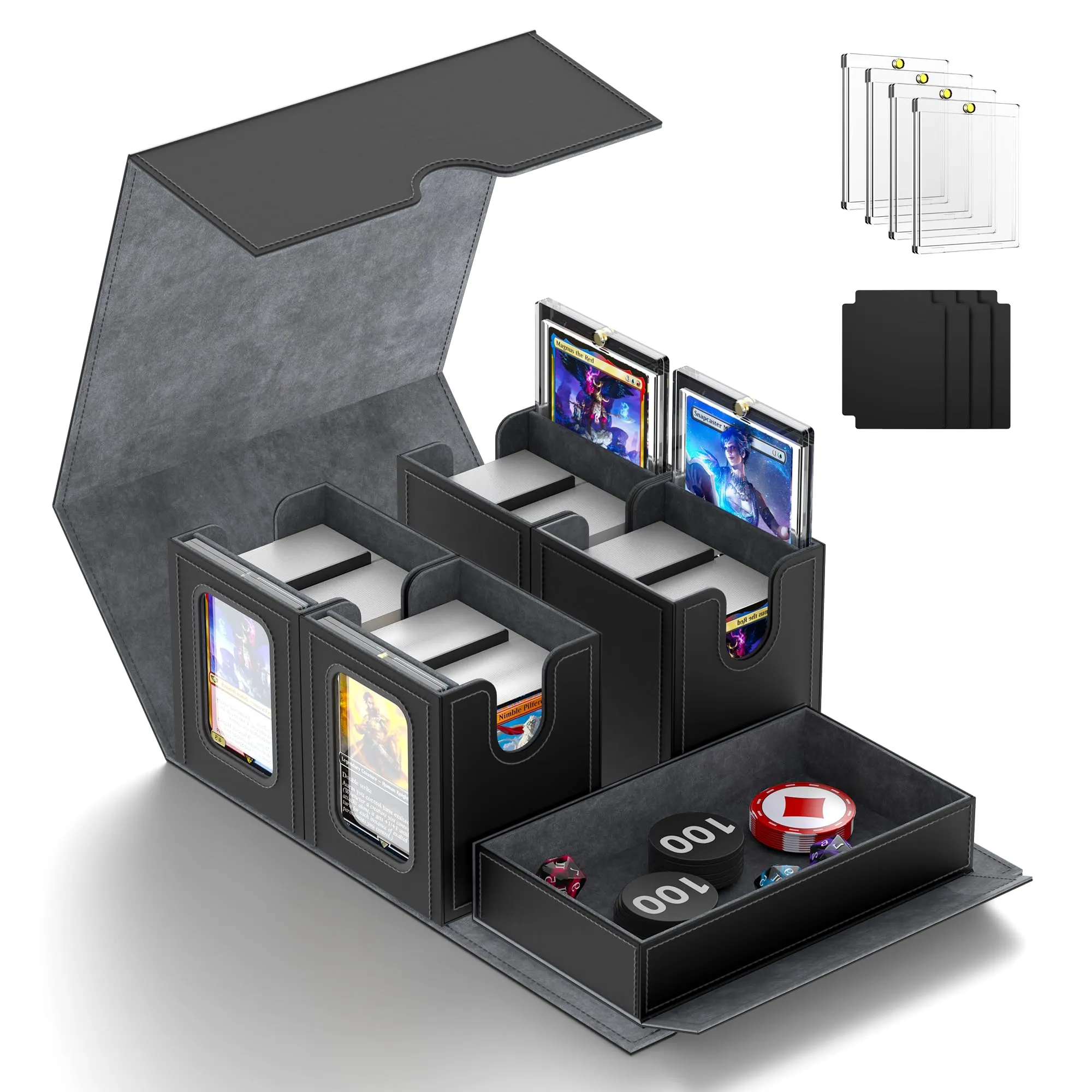 Cordv 5-in-1 Commander Deck Box Organizer for MTG TCG PTCG Yugioh, Dice Tray and Removable Lid, Grey - immagine 1