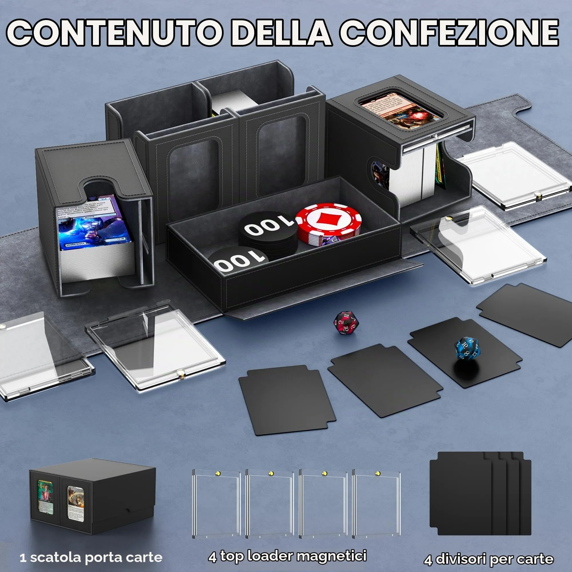 Cordv 5-in-1 Commander Deck Box Organizer for MTG TCG PTCG Yugioh, Dice Tray and Removable Lid, Grey - immagine 3