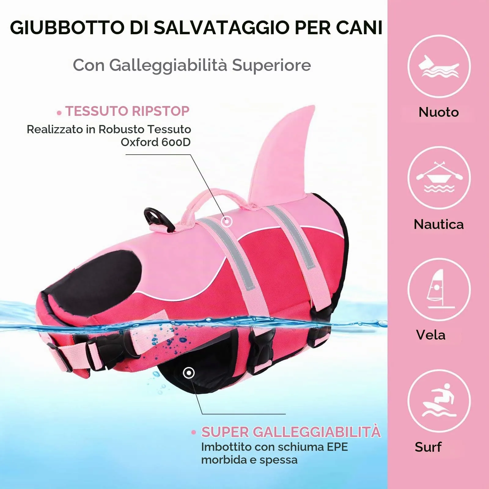 AOFITEE Giubbotto Salvagente per Cani con Pinna di Squalo e Impugnatura di Soccorso, Rosa, XS - immagine 6