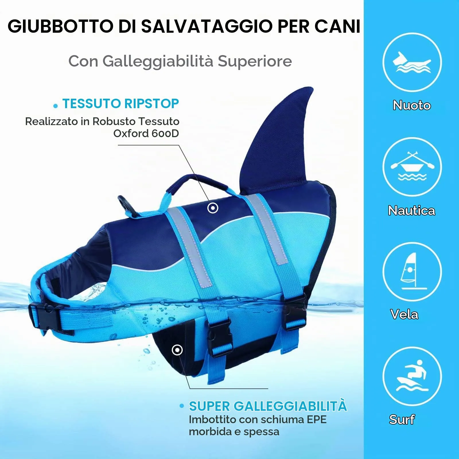 AOFITEE Giubbotto di Salvataggio per Cani con Pinna di Squalo, Taglia M, Blu - immagine 6