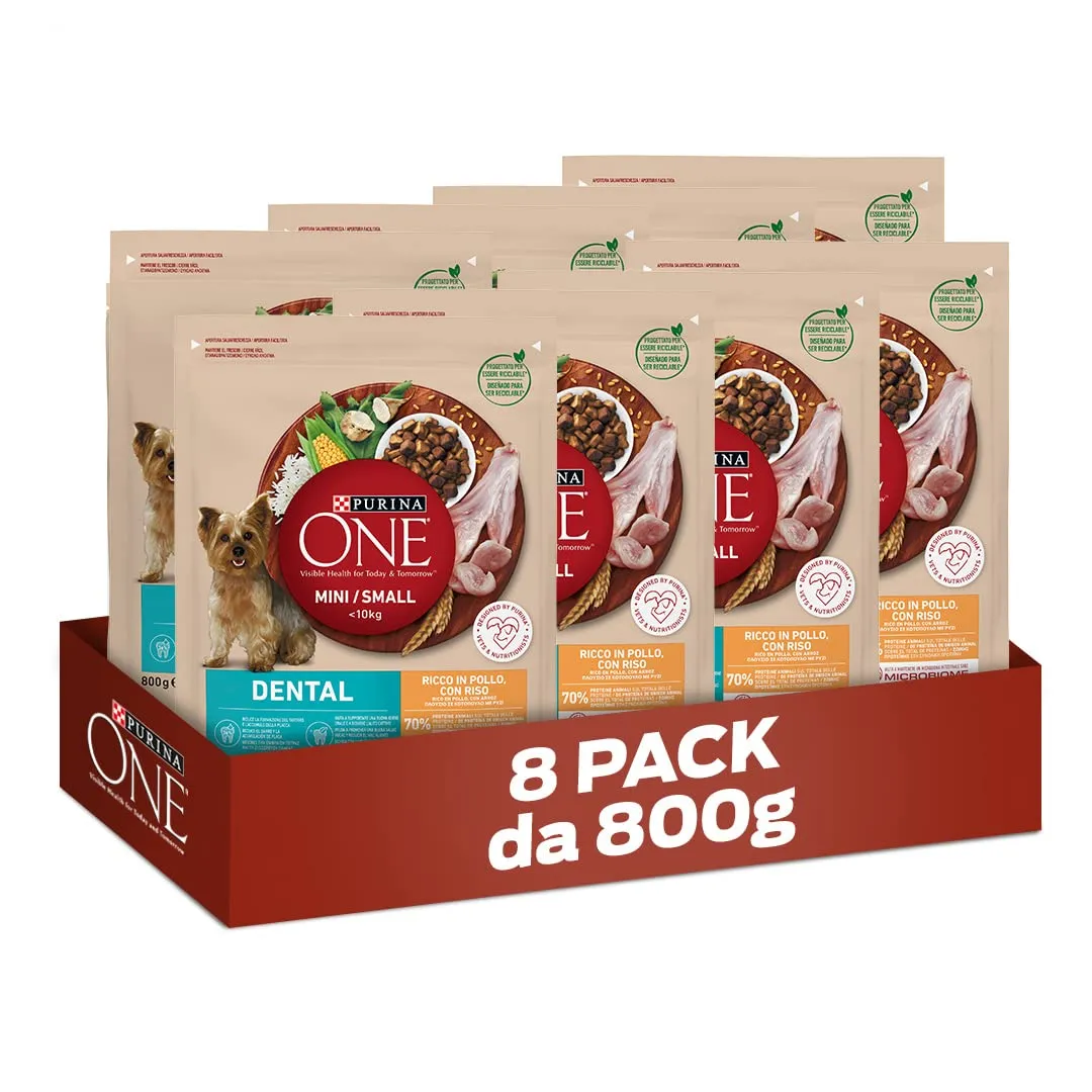 Purina One Mini Small Dental per Cani Adulti Pollo e Riso, 8 x 800g - immagine 1