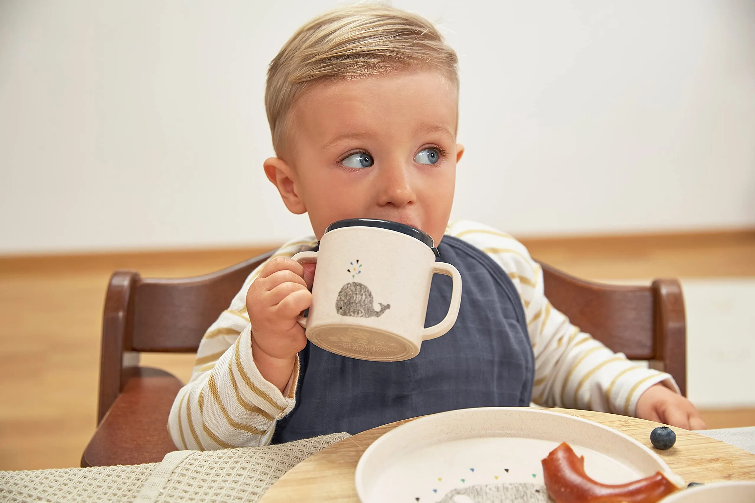 Lässig Tazza per bambini con manico e coperchio rimovibile, 150 ml, Tiny Farmer Sheep/Goose blue - immagine 4