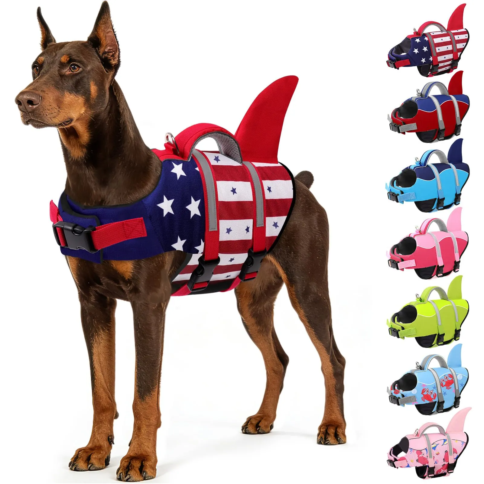 AOFITEE Giubbotto di salvataggio per cani a forma di squalo con maniglia e striscia riflettente, XS, Blu Stella Flag - immagine 1