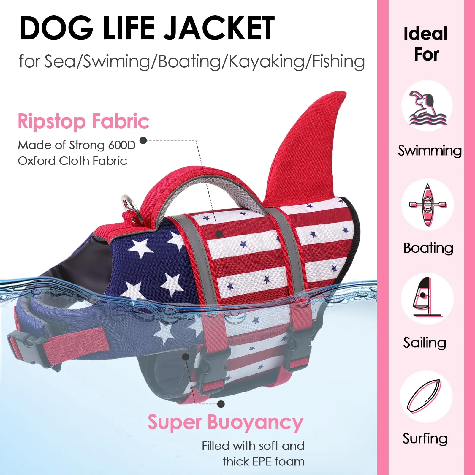 AOFITEE Giubbotto di salvataggio per cani a forma di squalo con maniglia e striscia riflettente, XS, Blu Stella Flag - immagine 3