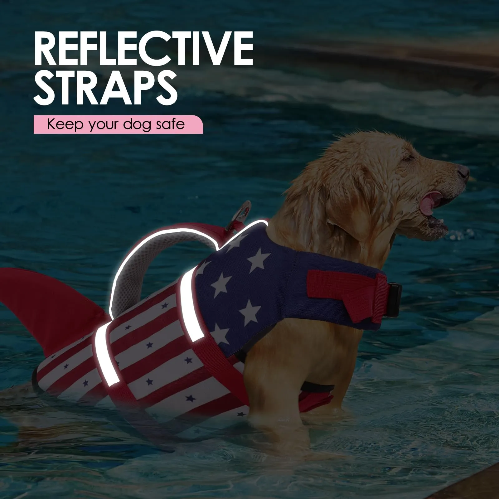 AOFITEE Giubbotto di salvataggio per cani a forma di squalo con maniglia e striscia riflettente, XS, Blu Stella Flag - immagine 6