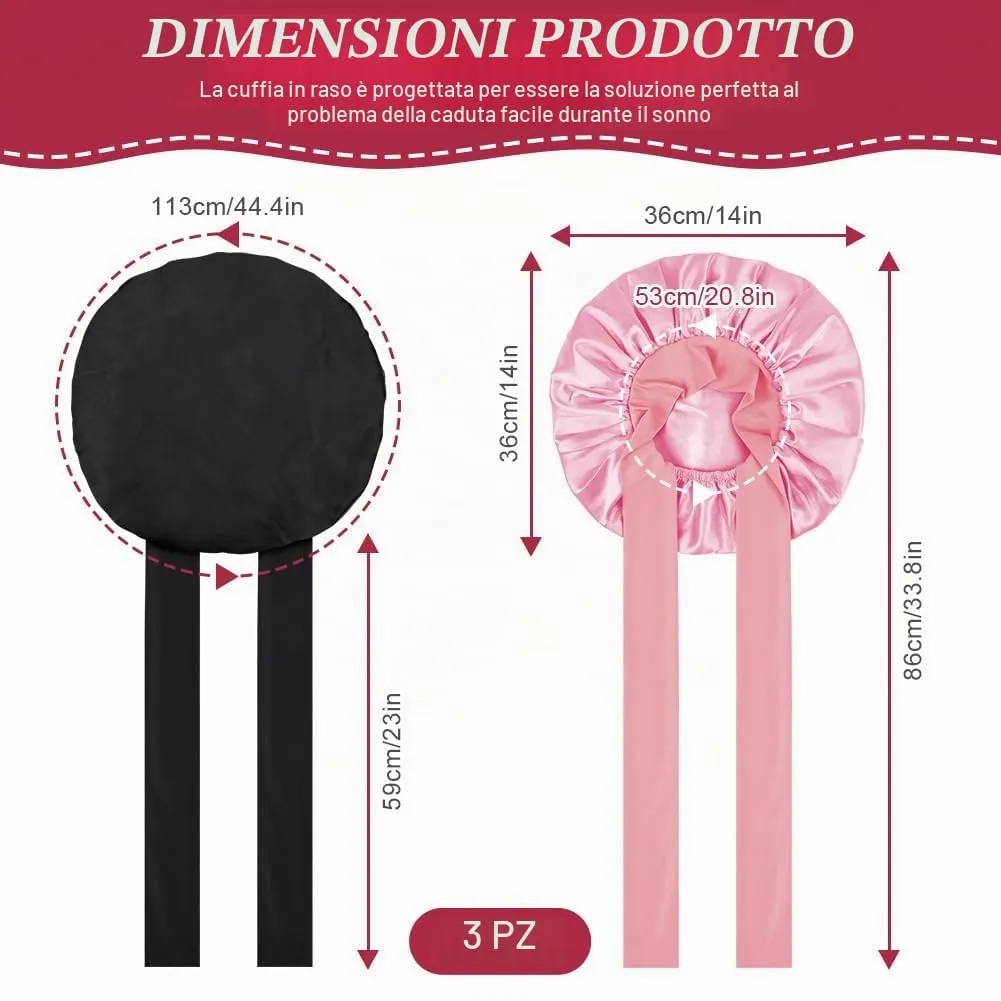 ACWOO Cuffia in Seta per Capelli Ricci, 3 Pezzi, Berretto da Notte in Raso con Nastri Regolabili - immagine 2