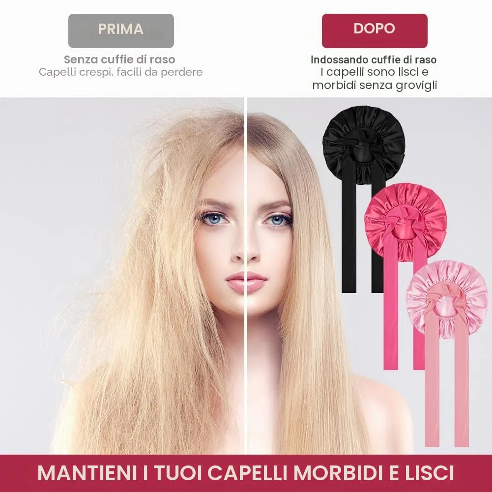 ACWOO Cuffia in Seta per Capelli Ricci, 3 Pezzi, Berretto da Notte in Raso con Nastri Regolabili - immagine 4