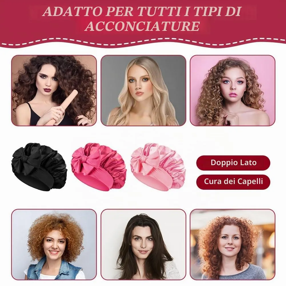 ACWOO Cuffia in Seta per Capelli Ricci, 3 Pezzi, Berretto da Notte in Raso con Nastri Regolabili - immagine 5