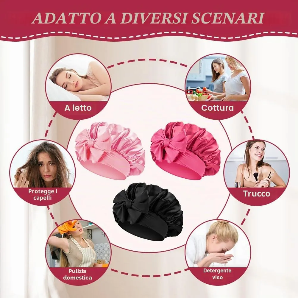 ACWOO Cuffia in Seta per Capelli Ricci, 3 Pezzi, Berretto da Notte in Raso con Nastri Regolabili - immagine 6