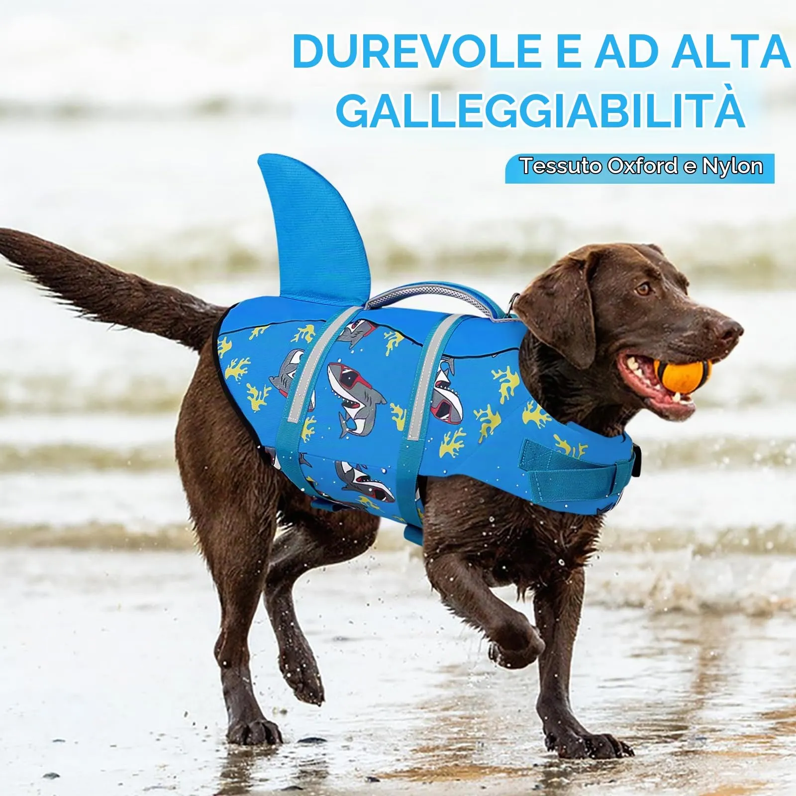 AOFITEE Giubbotto Salvagente per Cani con Pinna di Squalo e Impugnatura di Soccorso, Taglia L, Blu Scuro - immagine 2