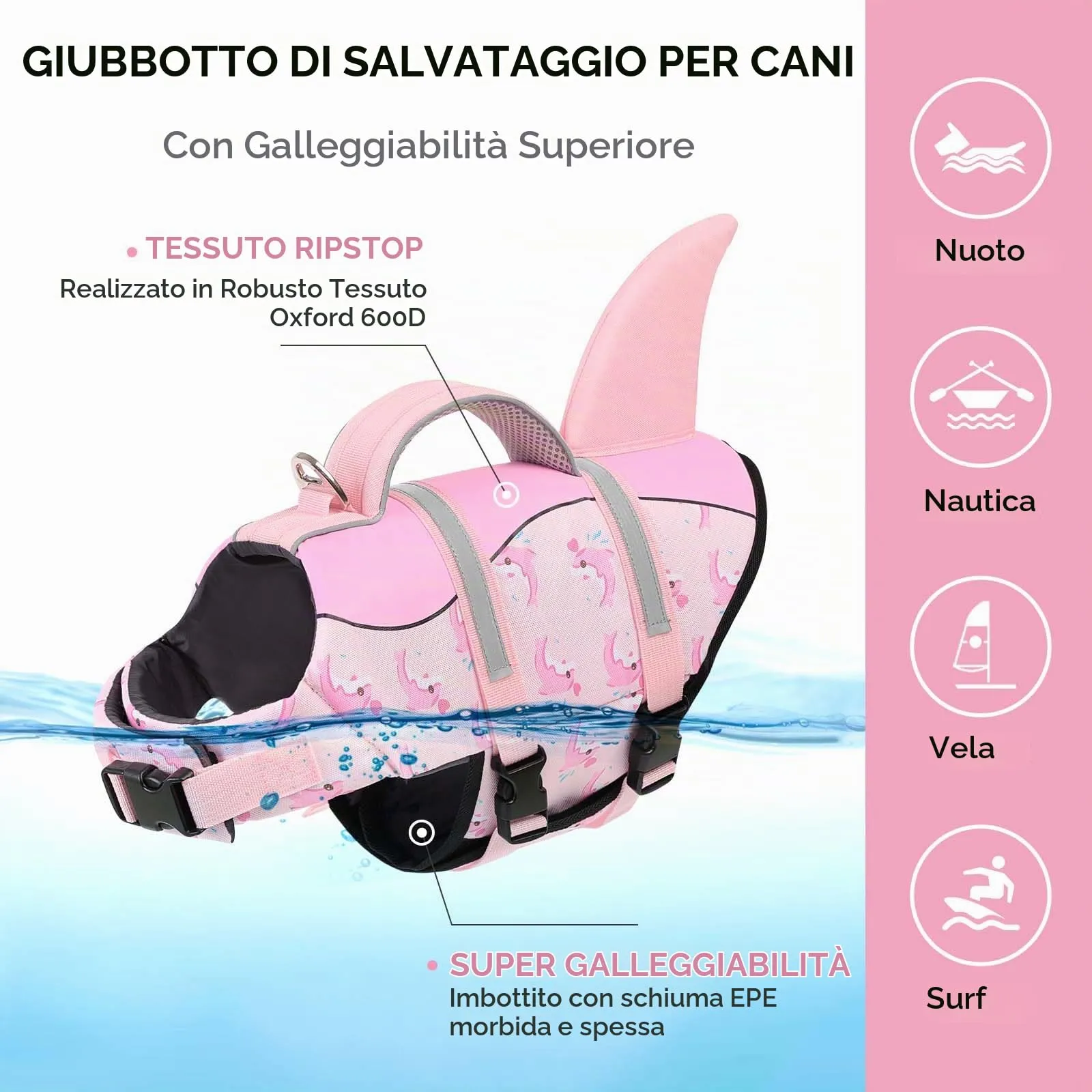 AOFITEE Giubbotto Salvagente per Cani con Pinna di Squalo, Taglia M, Balena Rosa - immagine 6