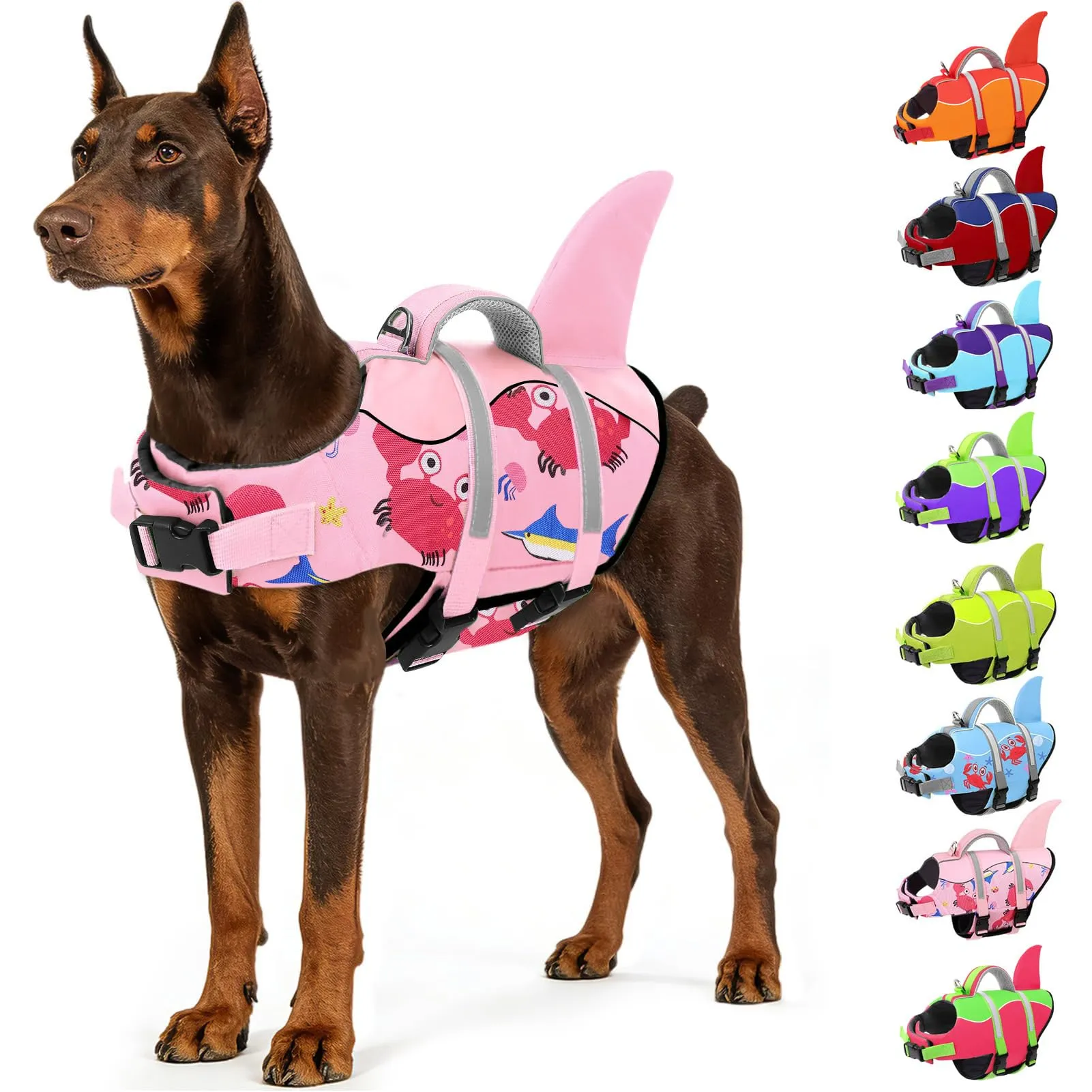 AOFITEE Giubbotto Salvagente per Cani con Pinna di Squalo, L, Granchio rosa - immagine 1