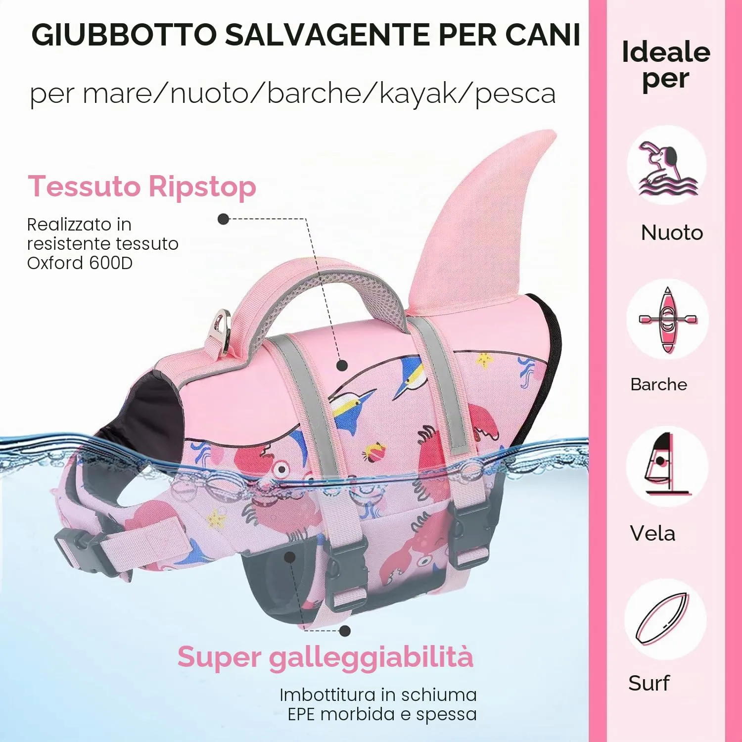 AOFITEE Giubbotto Salvagente per Cani con Pinna di Squalo, L, Granchio rosa - immagine 5