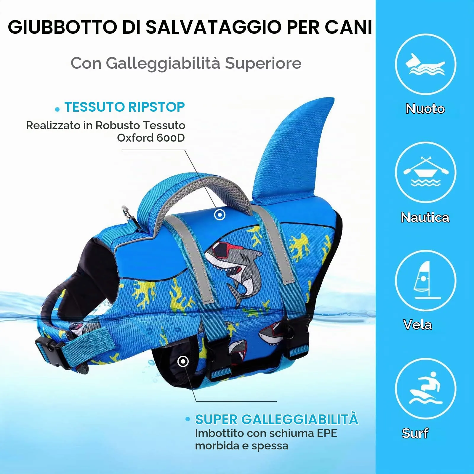AOFITEE Giubbotto Salvagente per Cani con Pinna di Squalo e Impugnatura di Soccorso, Taglia M, Blu Scuro - immagine 6