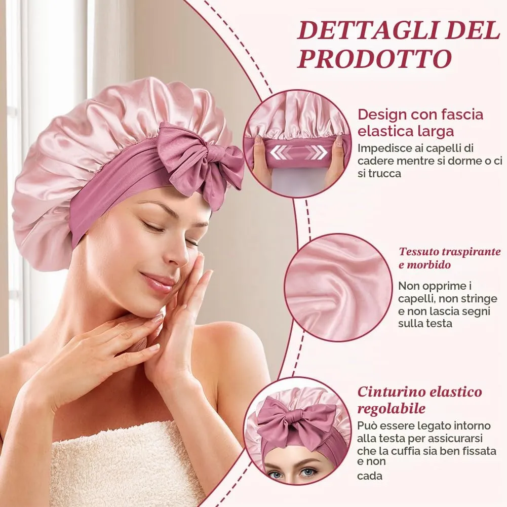 ACWOO Cuffia in Seta per Capelli, Berretto da Notte in Raso Elastico e Regolabile, Rosa Doro Chiaro - immagine 3