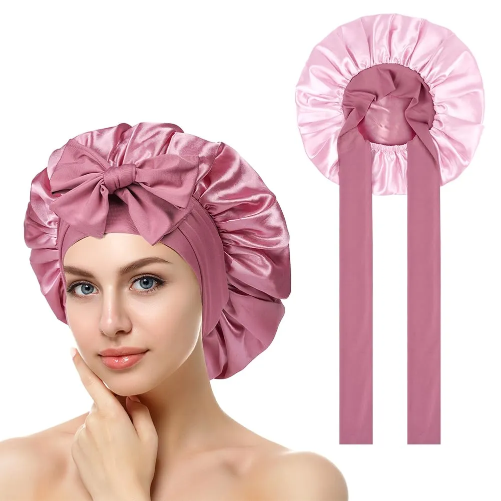 ACWOO Cuffia in Seta per Capelli Notte, Berretto in Raso Elastico con Nastri Regolabili, Cioccolato - immagine 1
