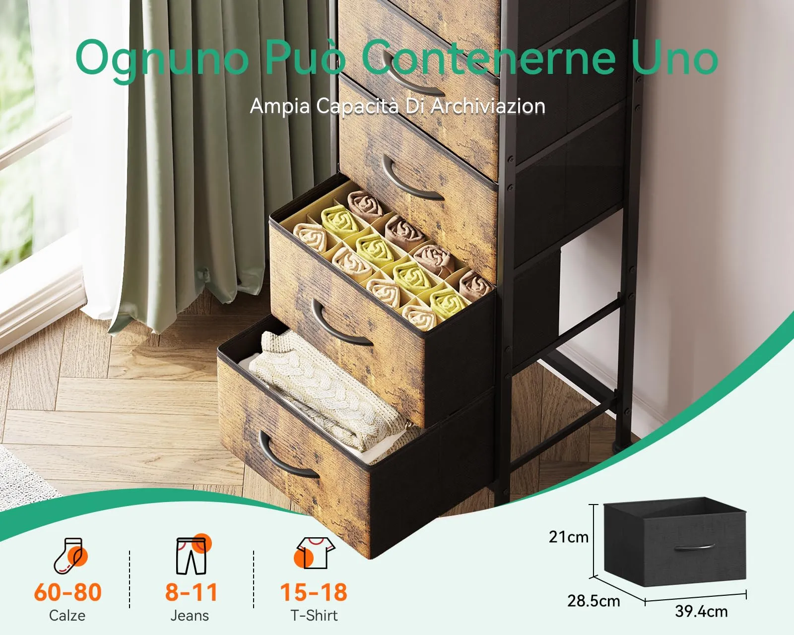 Coleshome Cassettiera Camera da Letto con 5 Cassetti in Tessuto, 30 x 40 x 120 cm, Vintage - immagine 2