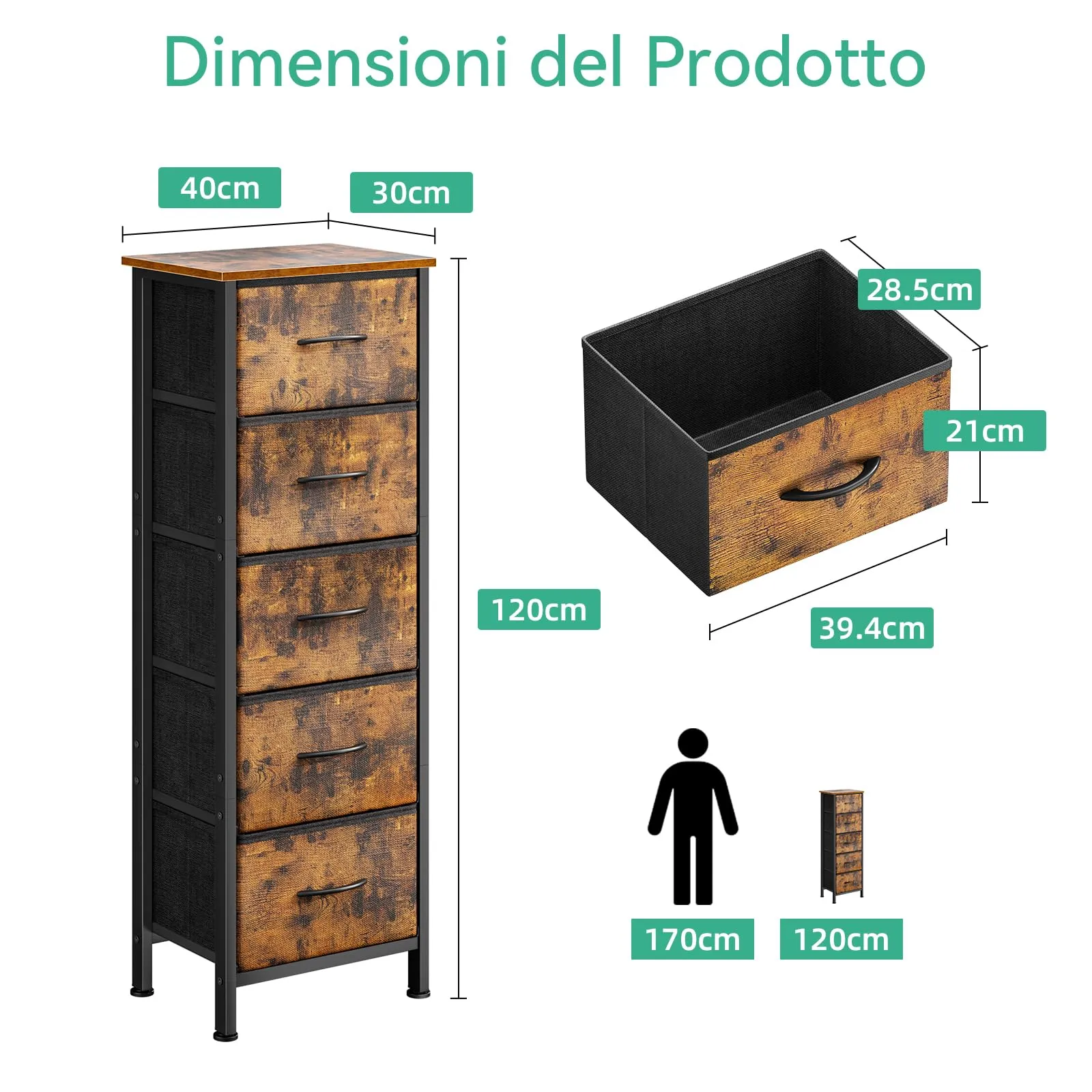 Coleshome Cassettiera Camera da Letto con 5 Cassetti in Tessuto, 30 x 40 x 120 cm, Vintage - immagine 3