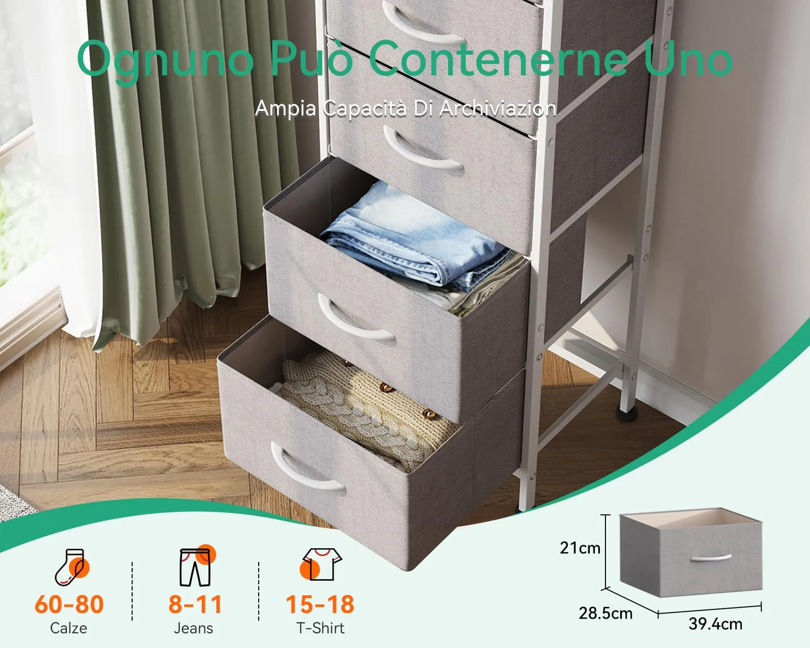 Coleshome Alta Cassettiera Camera da Letto con 5 Cassetti in Tessuto, Grigio Chiaro, 30 x 40 x 120 cm - immagine 2