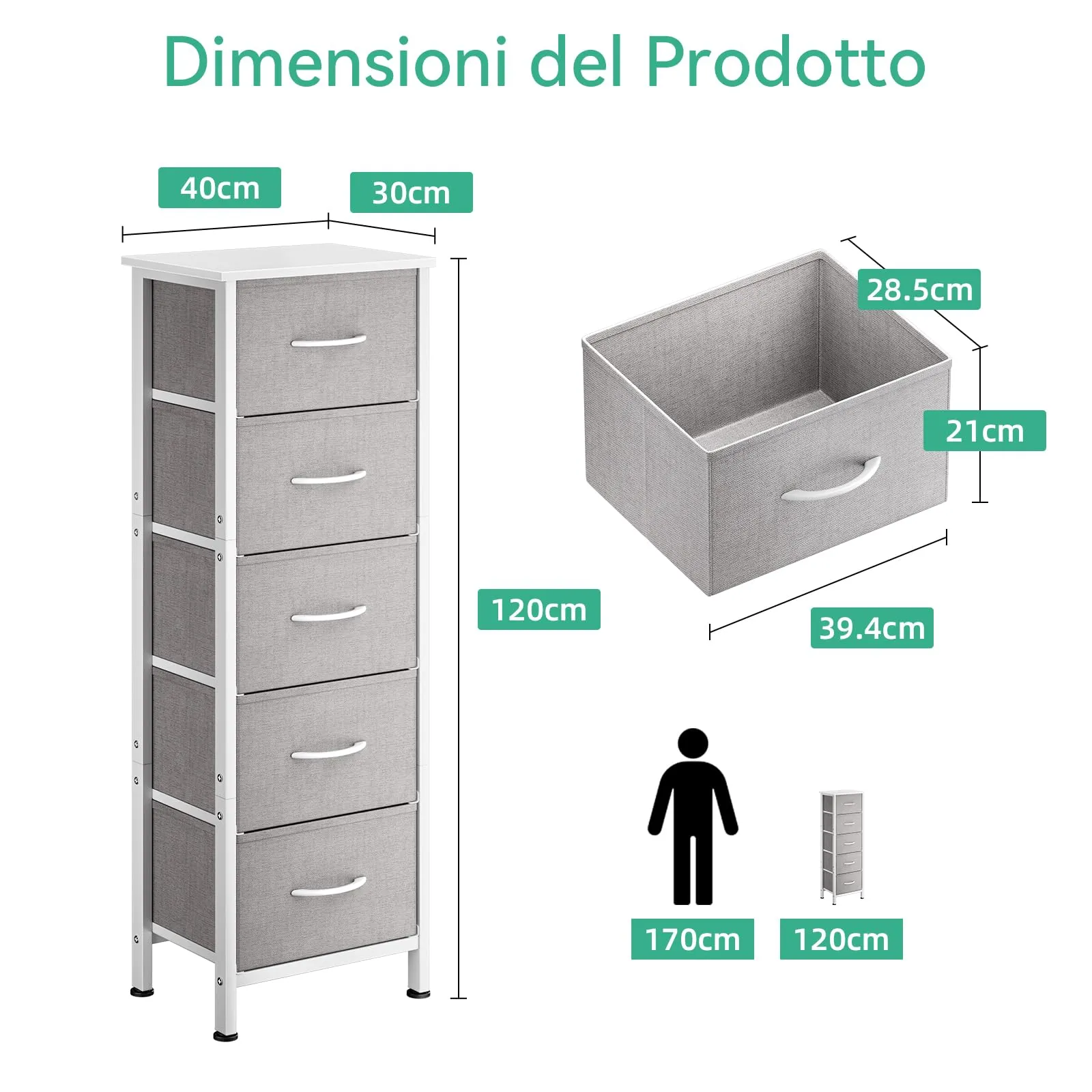 Coleshome Alta Cassettiera Camera da Letto con 5 Cassetti in Tessuto, Grigio Chiaro, 30 x 40 x 120 cm - immagine 3