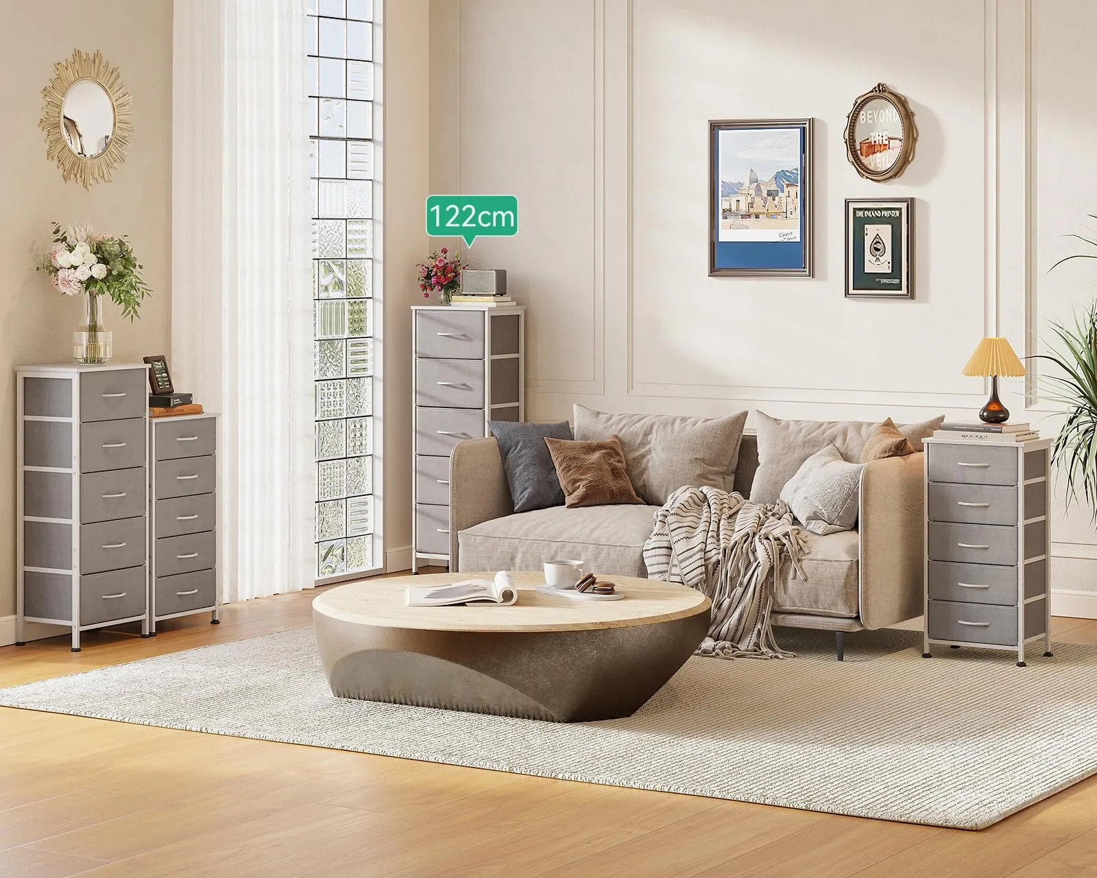 Coleshome Alta Cassettiera Camera da Letto con 5 Cassetti in Tessuto, Grigio Chiaro, 30 x 40 x 120 cm - immagine 6
