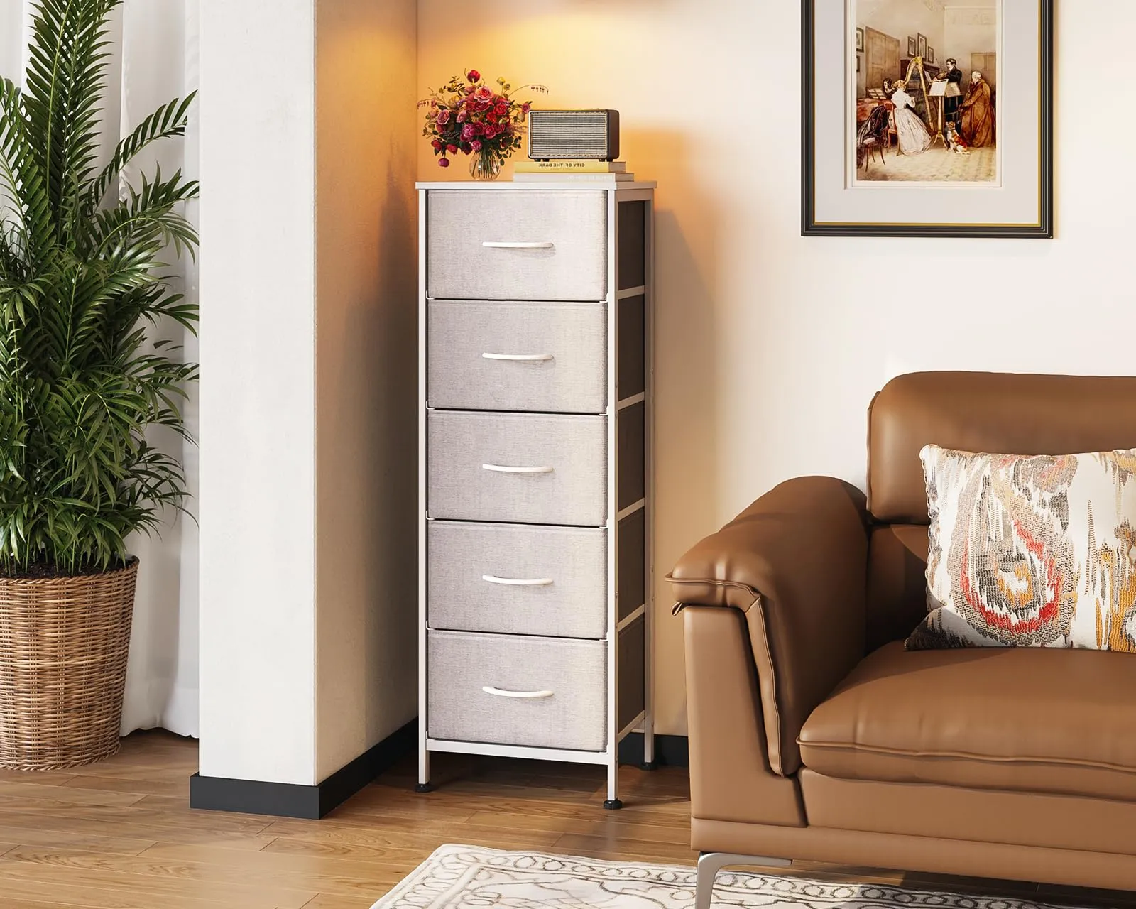 Coleshome Alta Cassettiera Camera da Letto con 5 Cassetti in Tessuto, Grigio Chiaro, 30 x 40 x 120 cm - immagine 8