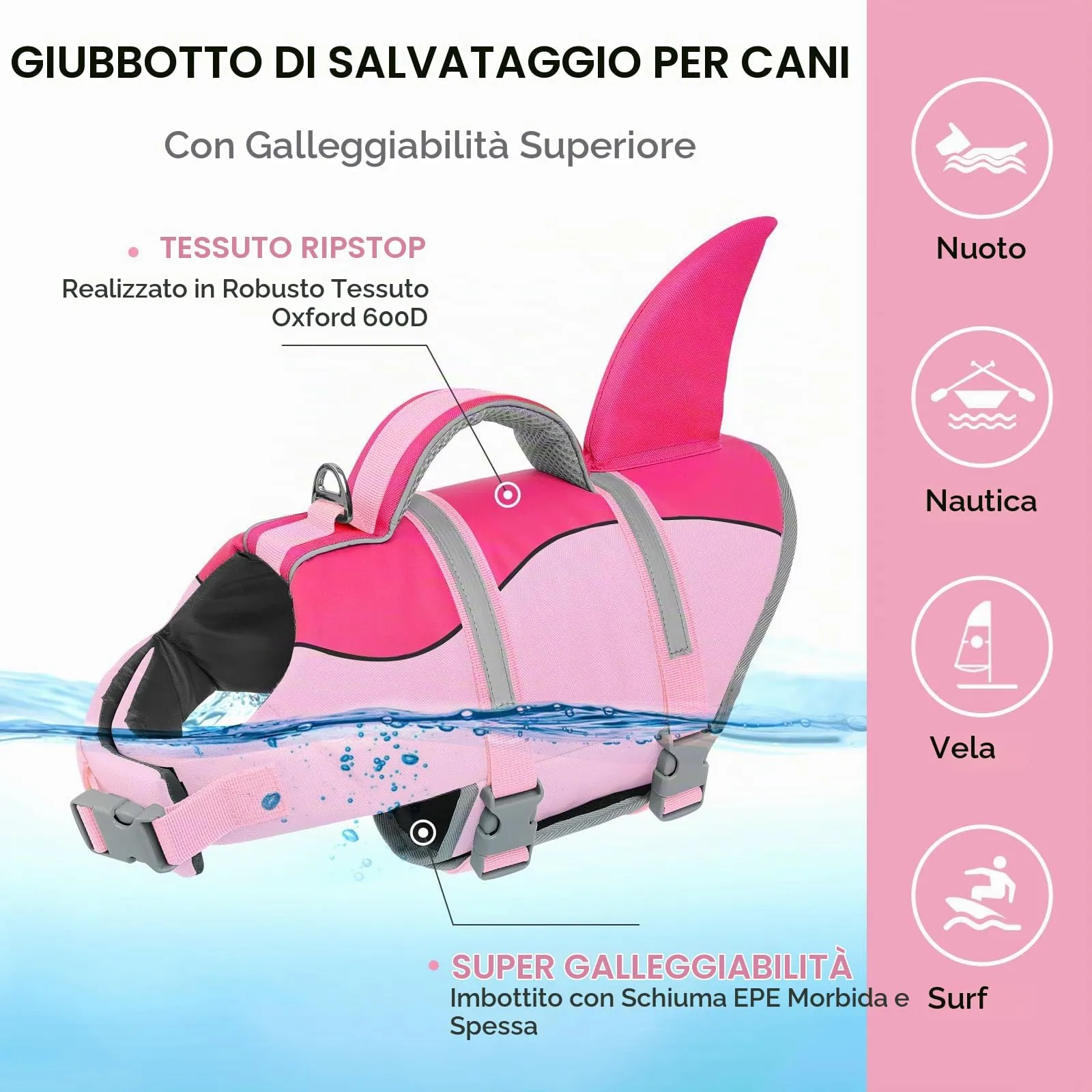 AOFITEE Giubbotto Salvagente per Cani con Pinna di Squalo e Impugnatura di Soccorso, Fucsia, Taglia M - immagine 6