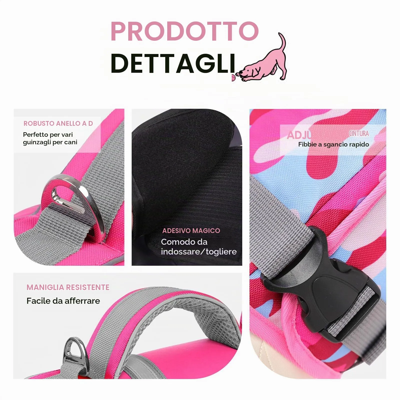AOFITEE Giubbotto Salvagente per Cani con Pinna di Squalo e Maniglia di Soccorso, Mimetica rosa, Taglia M - immagine 3