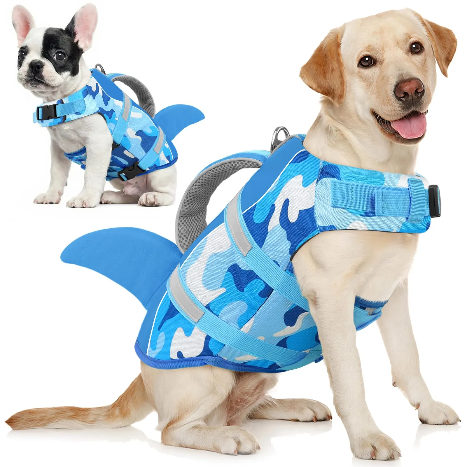AOFITEE Giubbotto di Salvataggio per Cani con Pinna di Squalo e Impugnatura di Soccorso, XL, Mimetica blu - immagine 1