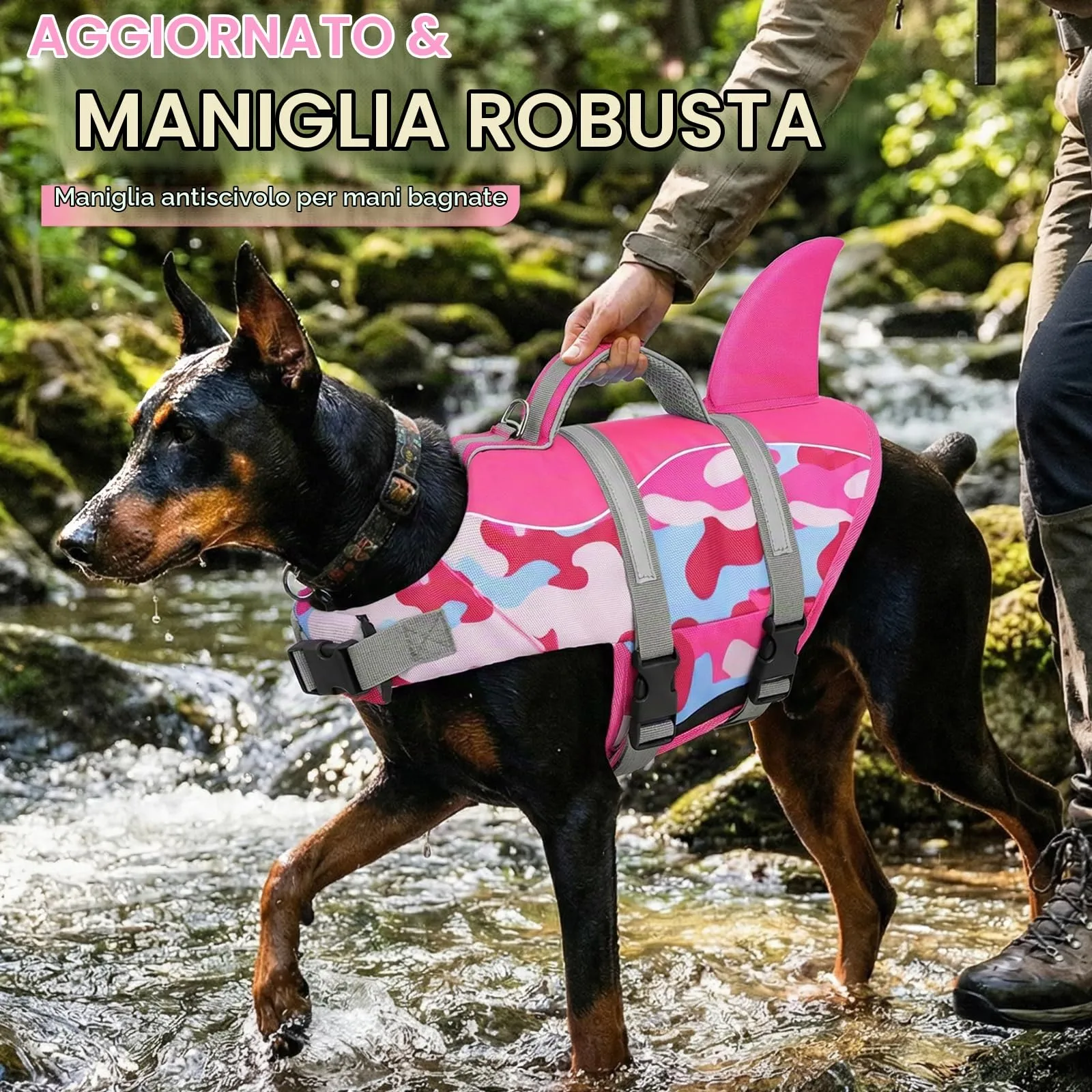 AOFITEE Giubbotto Salvagente per Cani con Pinna di Squalo, Mimetica rosa, Taglia S - immagine 2