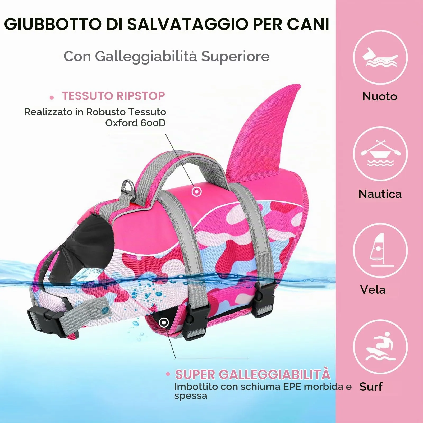 AOFITEE Giubbotto Salvagente per Cani con Pinna di Squalo, Mimetica rosa, Taglia S - immagine 6