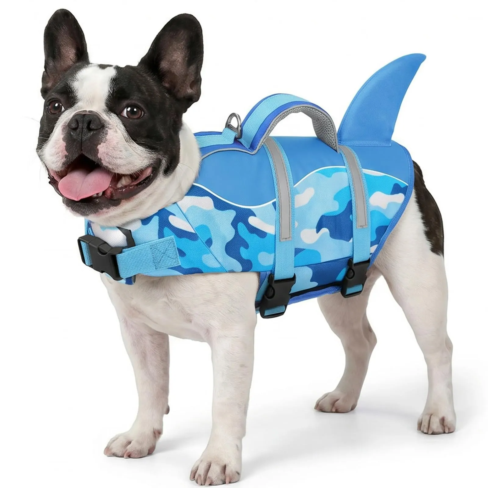 AOFITEE Giubbotto Salvagente per Cani con Pinna di Squalo e Impugnatura di Soccorso, Mimetica Blu, Taglia S - immagine 1