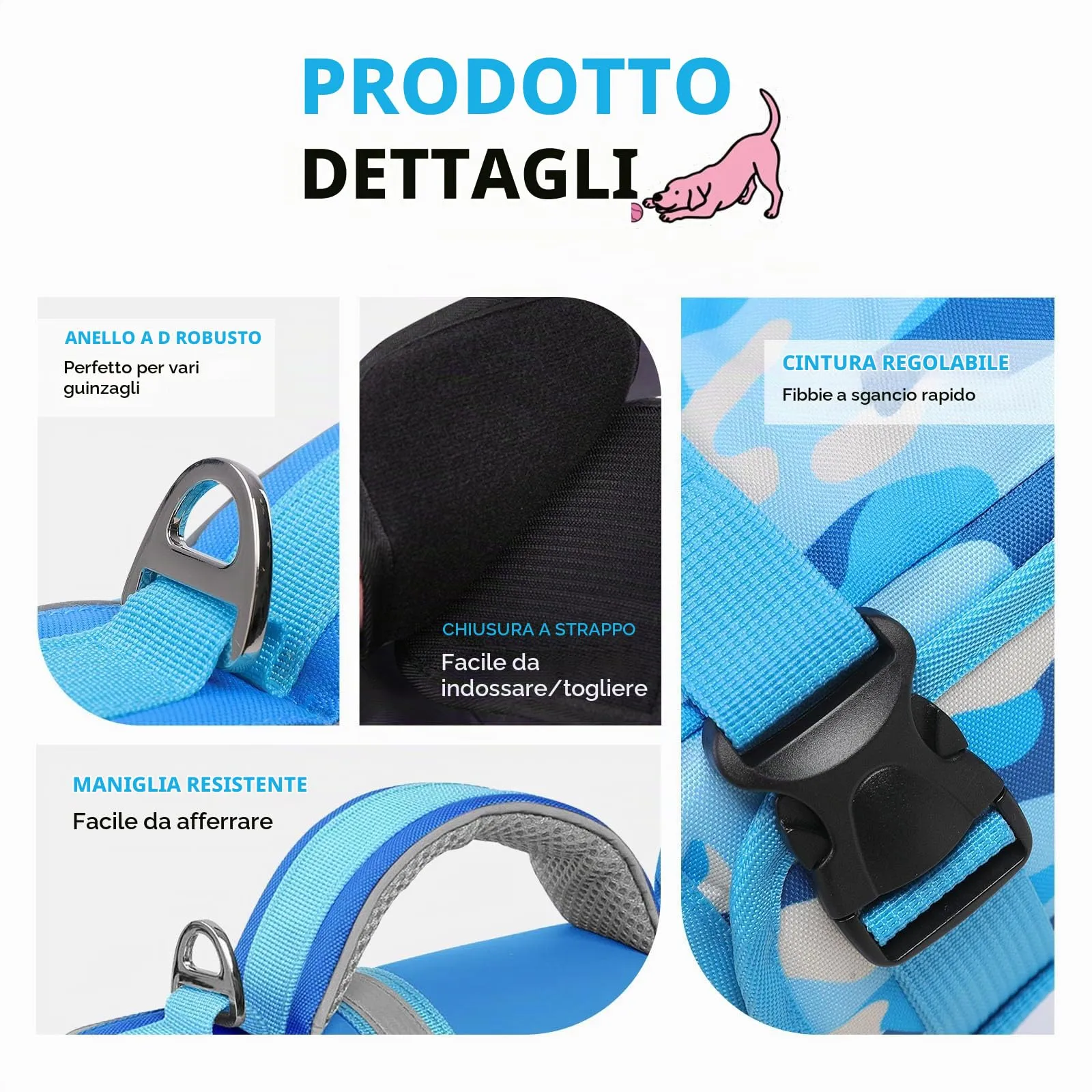 AOFITEE Giubbotto Salvagente per Cani con Pinna di Squalo, Mimetica Blu, Taglia L - immagine 2