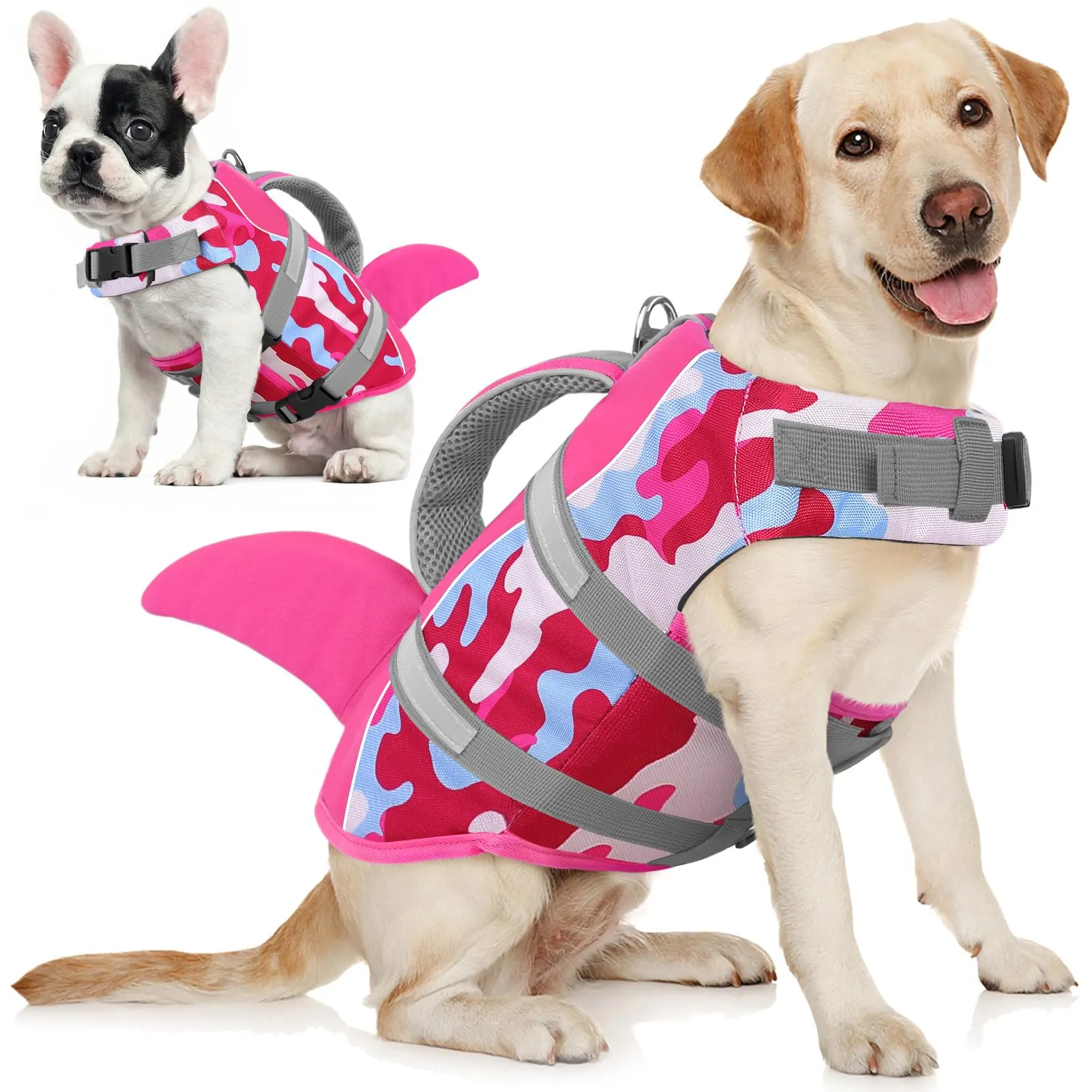 AOFITEE Giubbotto di Salvataggio per Cani con Pinna di Squalo, Mimetica rosa, Taglia L - immagine 1