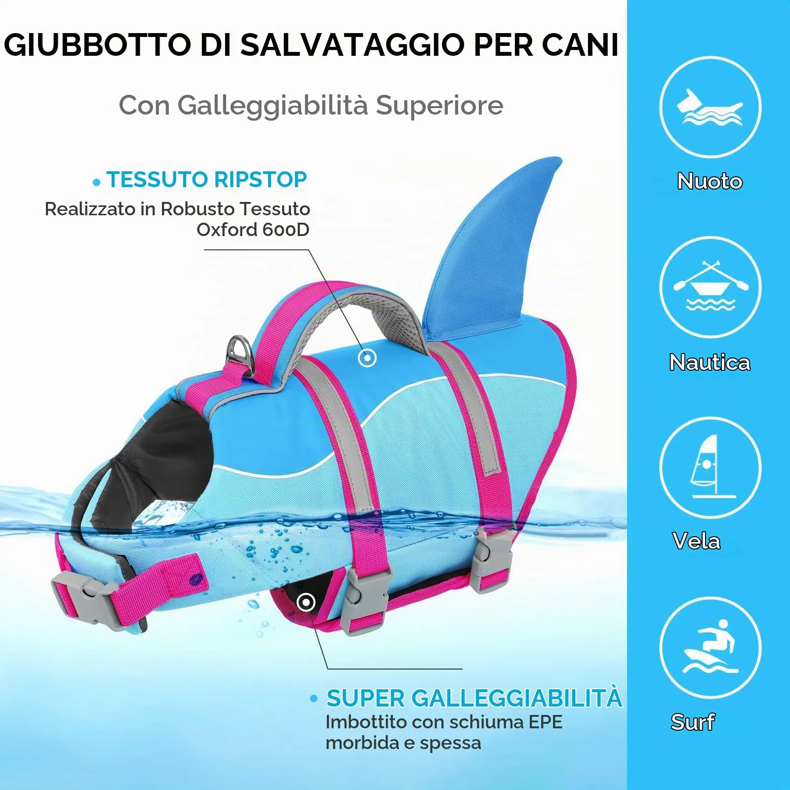 AOFITEE Giubbotto di Salvataggio per Cani con Pinna di Squalo e Impugnatura di Soccorso, Blu, XS - immagine 6