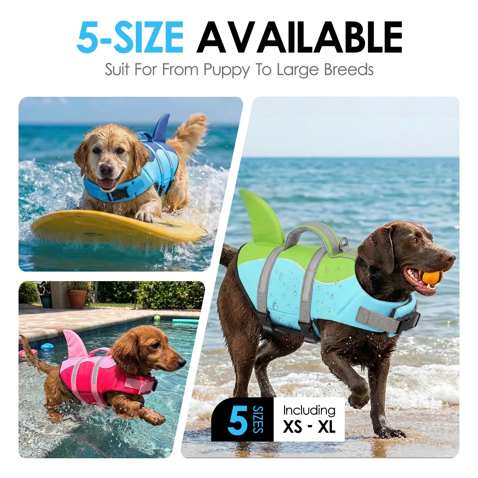AOFITEE Giubbotto di Salvataggio per Cani con Pinna di Squalo e Maniglia di Soccorso, Blu e Verde, XS - immagine 7