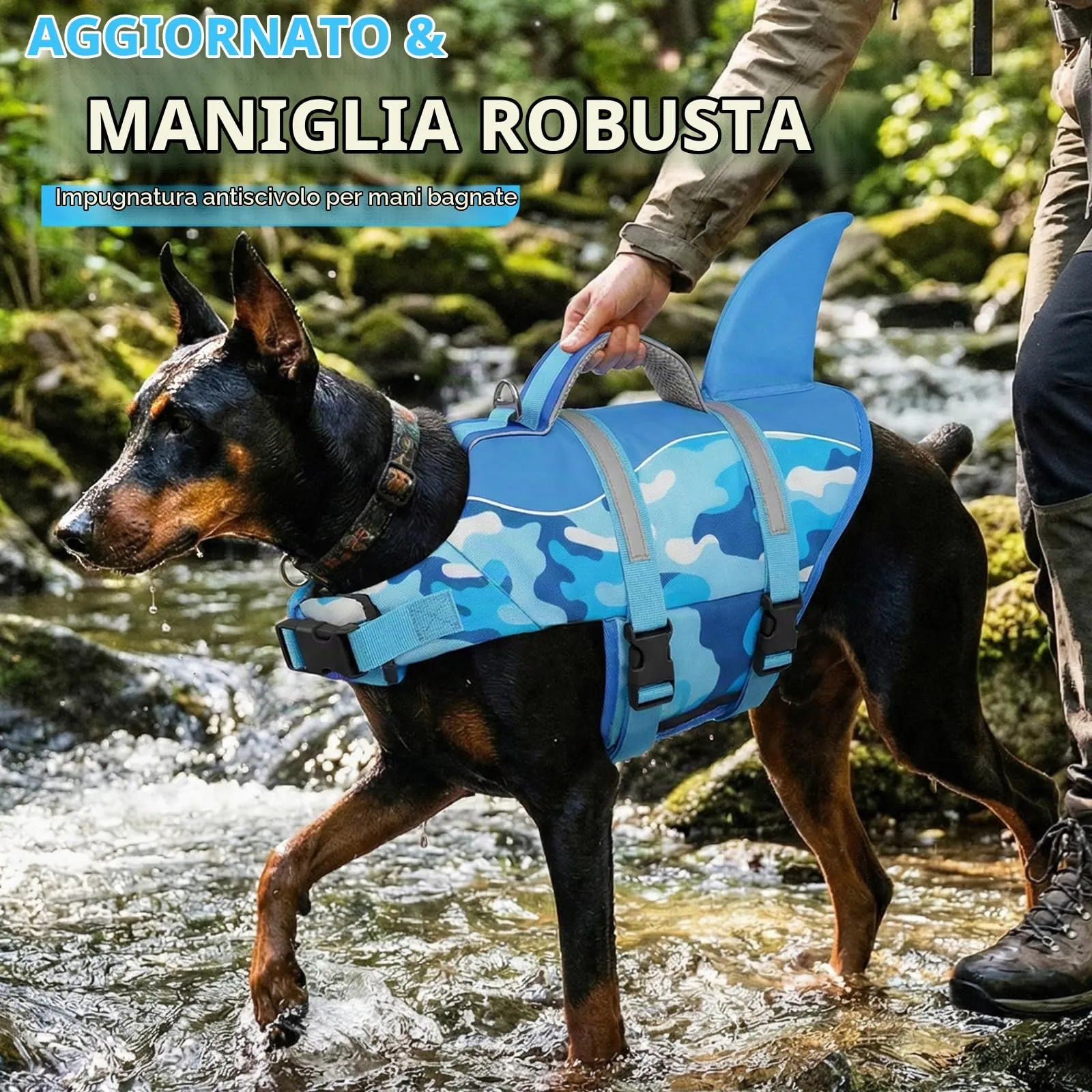 AOFITEE Giubbotto di Salvataggio per Cani con Pinna di Squalo, Mimetica Blu, Taglia M - immagine 2