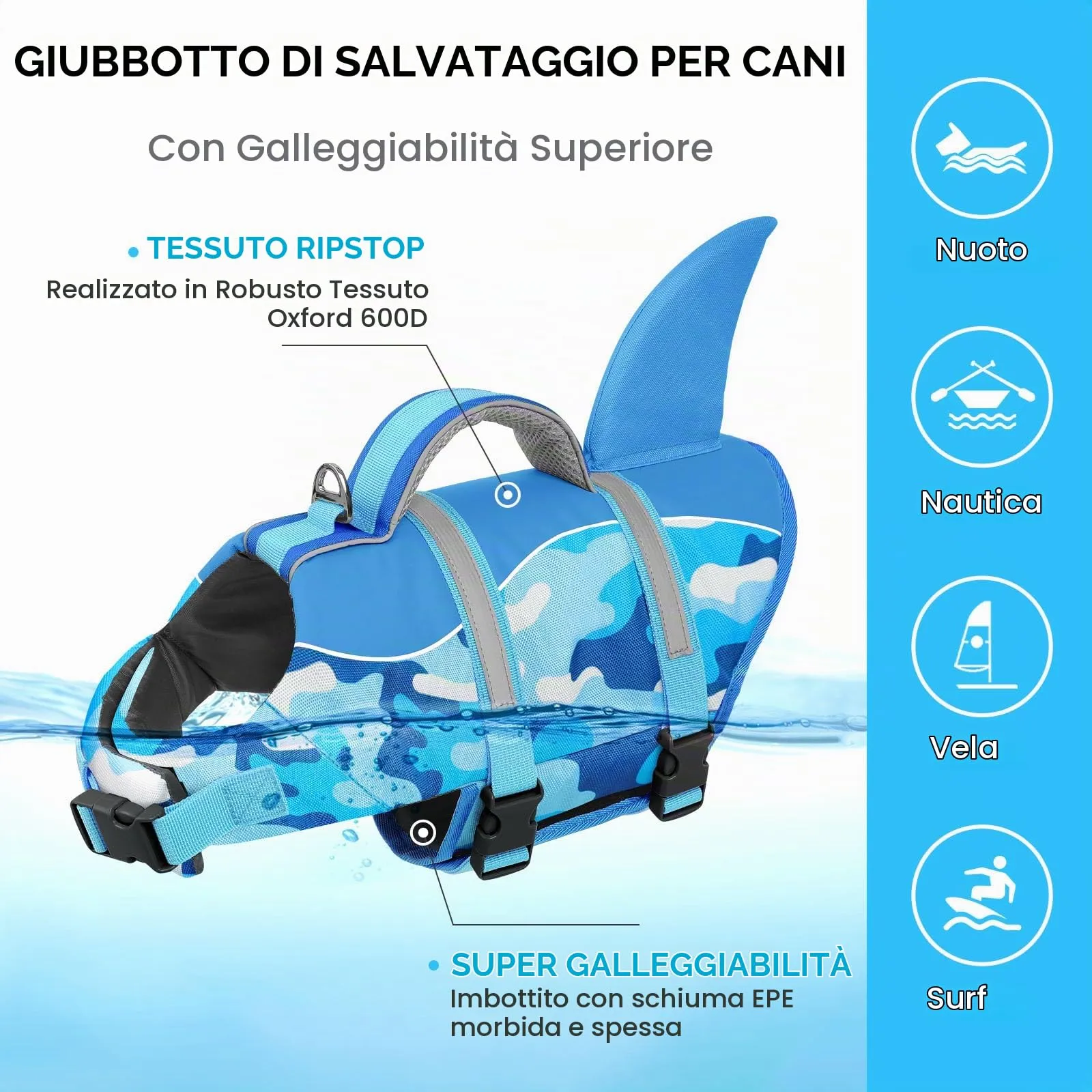 AOFITEE Giubbotto di Salvataggio per Cani con Pinna di Squalo, Mimetica Blu, Taglia M - immagine 6
