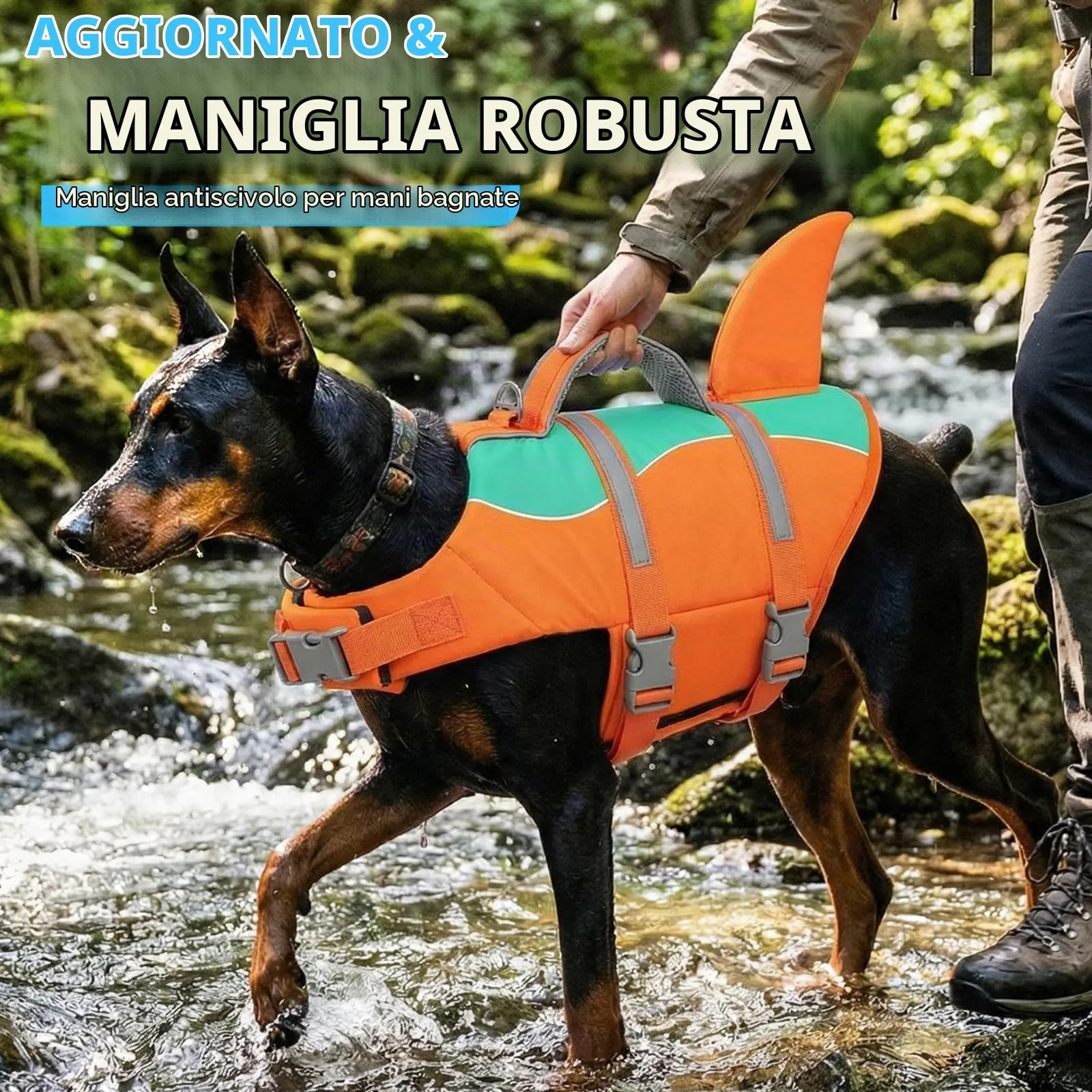 AOFITEE Giubbotto Salvagente per Cani con Pinna di Squalo e Impugnatura di Soccorso, Taglia L, Arancione - immagine 2
