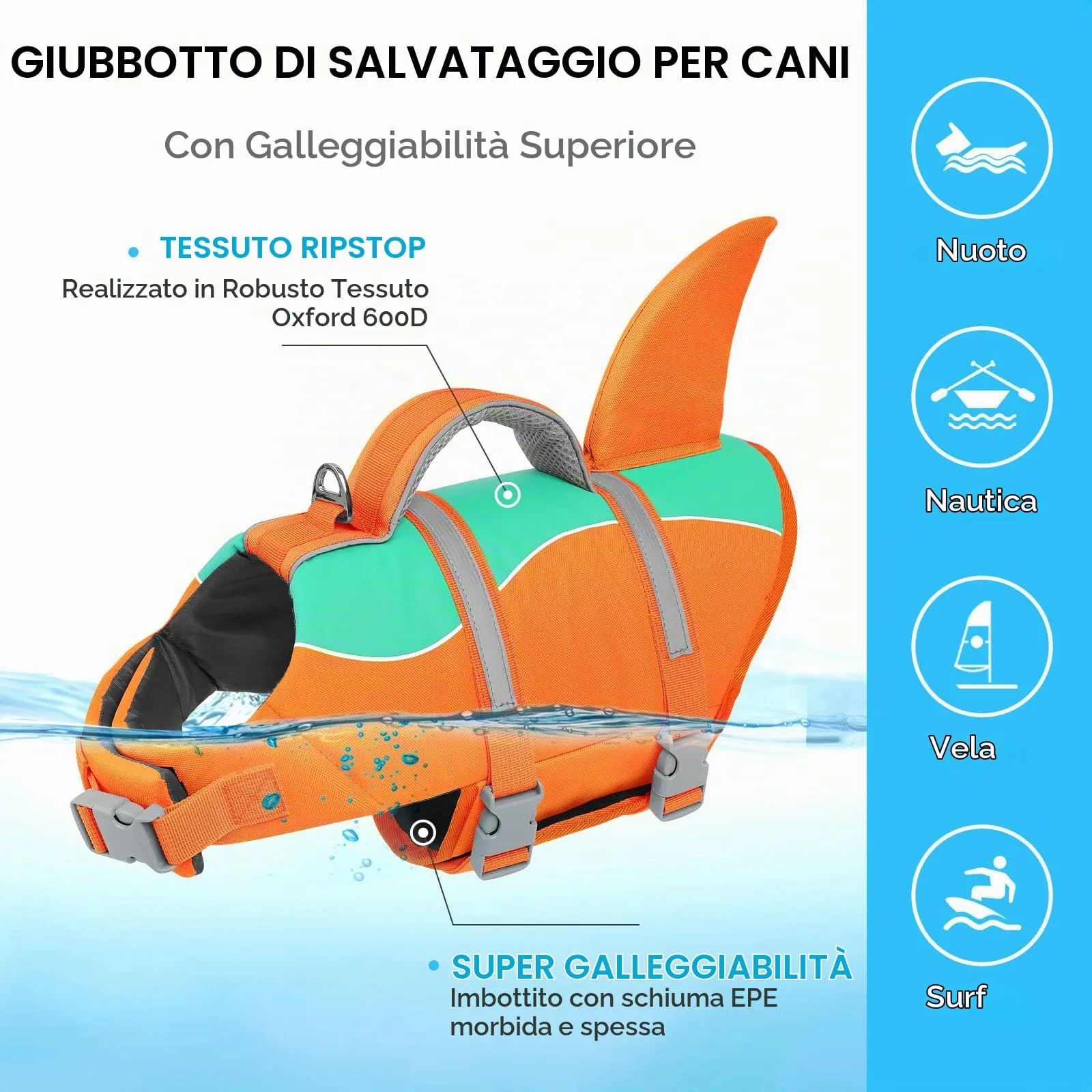 AOFITEE Giubbotto Salvagente per Cani con Pinna di Squalo e Impugnatura di Soccorso, Taglia L, Arancione - immagine 6