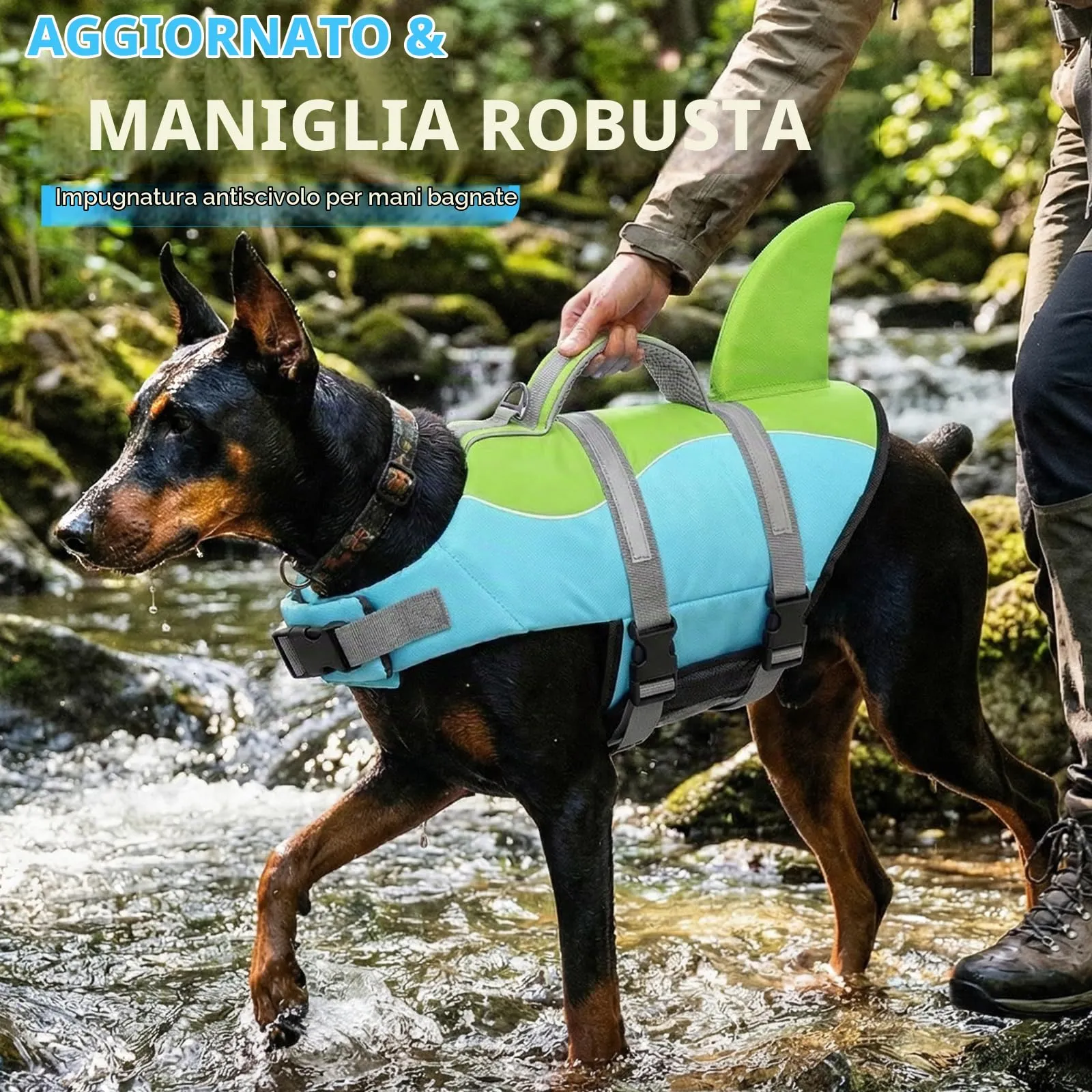 AOFITEE Giubbotto di Salvataggio per Cani con Pinna di Squalo e Impugnatura di Soccorso, Blu e Verde, Taglia M - immagine 2